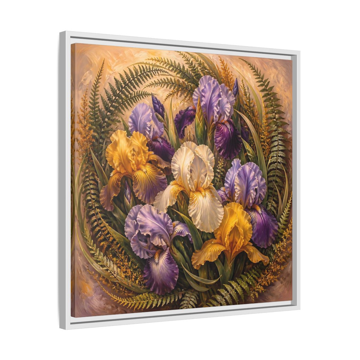 Side Mockup 26. Vintage Oil Painting Iris Bouquet With Fern Accents shown as stretched canvas wall art