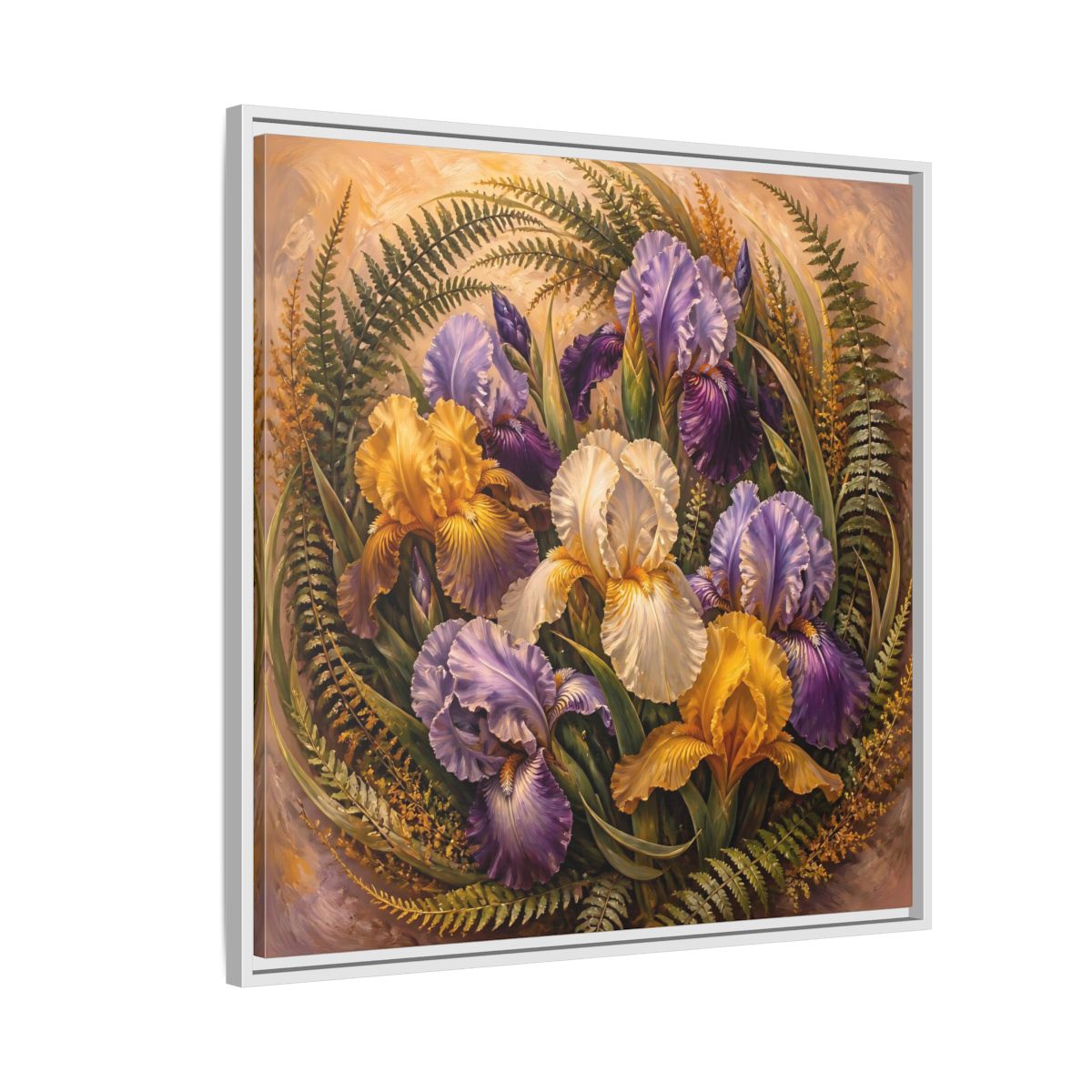 Side Mockup 7. Vintage Oil Painting Iris Bouquet With Fern Accents shown as stretched canvas wall art