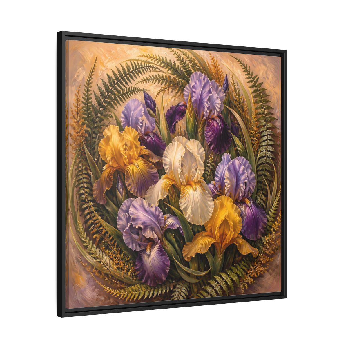 Side Mockup 30. Vintage Oil Painting Iris Bouquet With Fern Accents shown as stretched canvas wall art