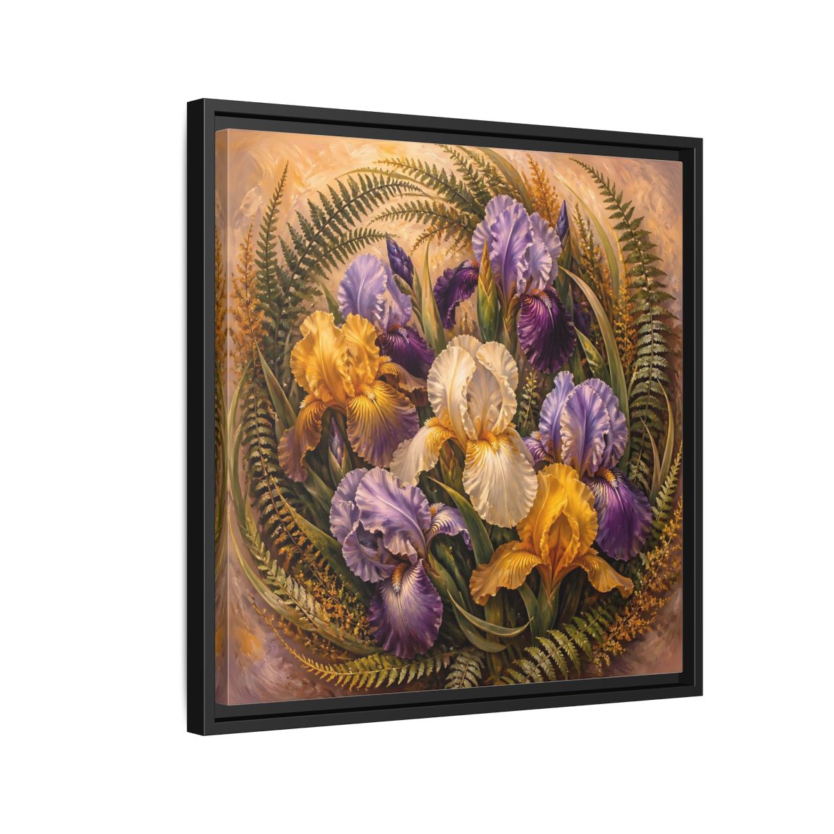Side Mockup 12. Vintage Oil Painting Iris Bouquet With Fern Accents shown as stretched canvas wall art