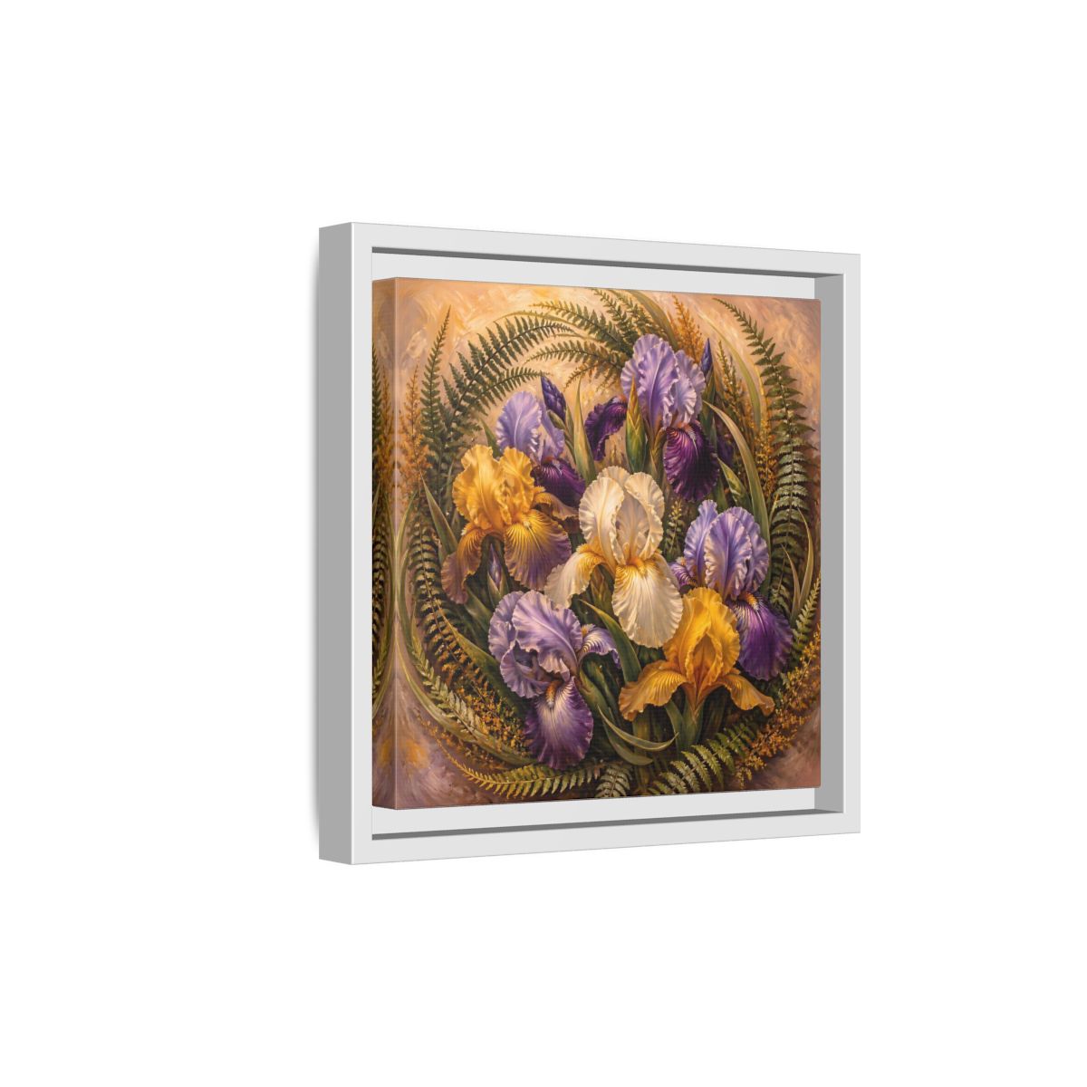 Side Mockup 19. Vintage Oil Painting Iris Bouquet With Fern Accents shown as stretched canvas wall art