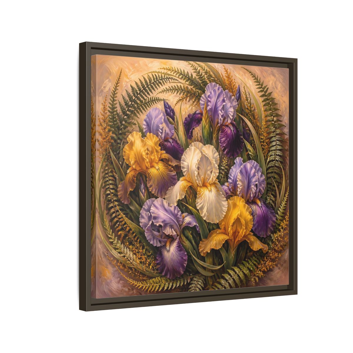 Side Mockup 11. Vintage Oil Painting Iris Bouquet With Fern Accents shown as stretched canvas wall art