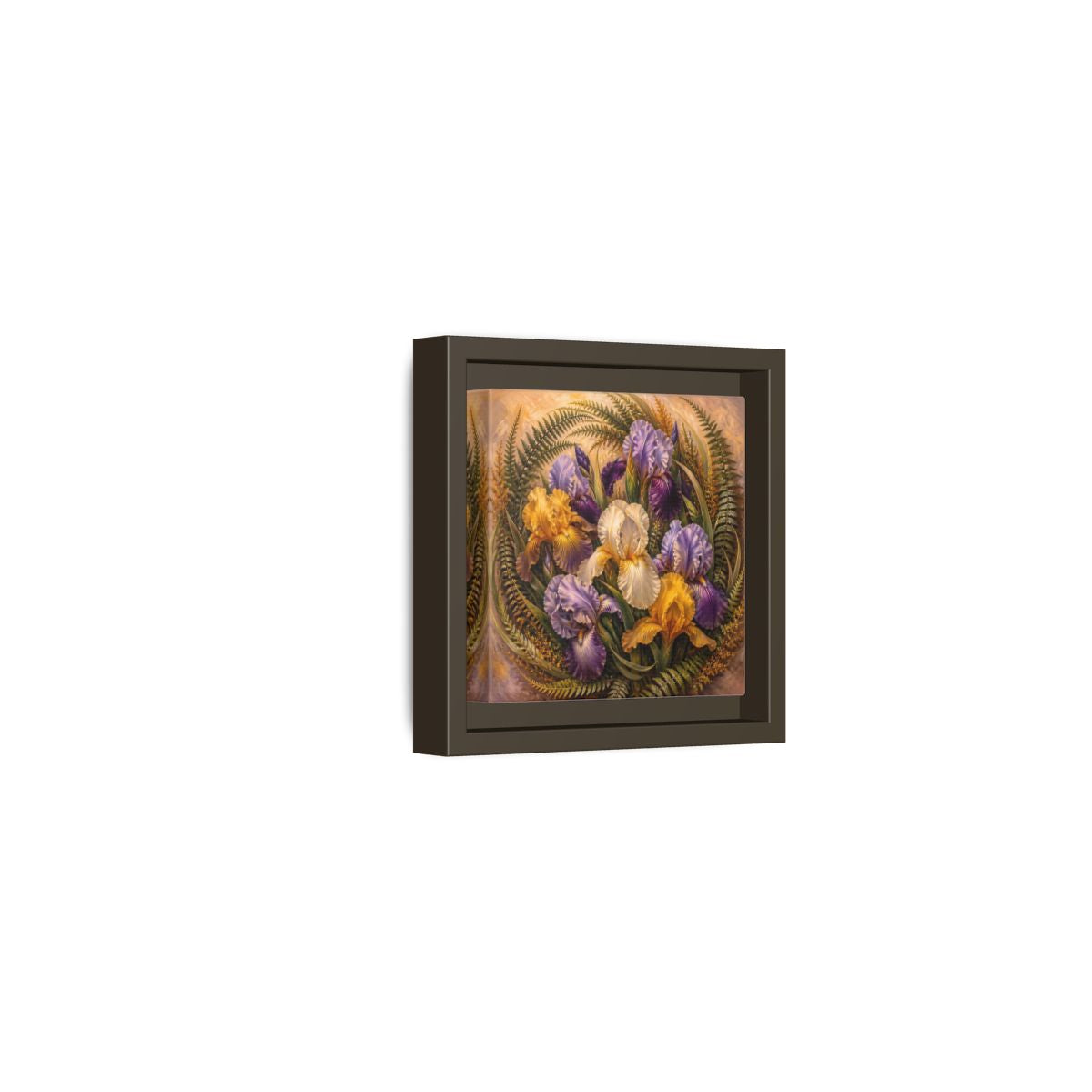 Side Mockup 23. Vintage Oil Painting Iris Bouquet With Fern Accents shown as stretched canvas wall art