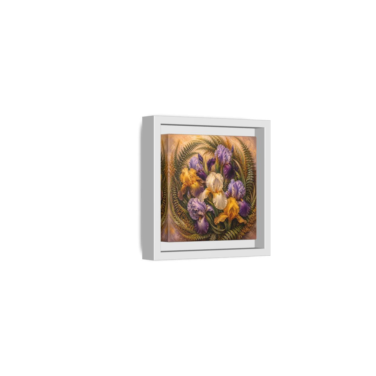 Side Mockup 22. Vintage Oil Painting Iris Bouquet With Fern Accents shown as stretched canvas wall art