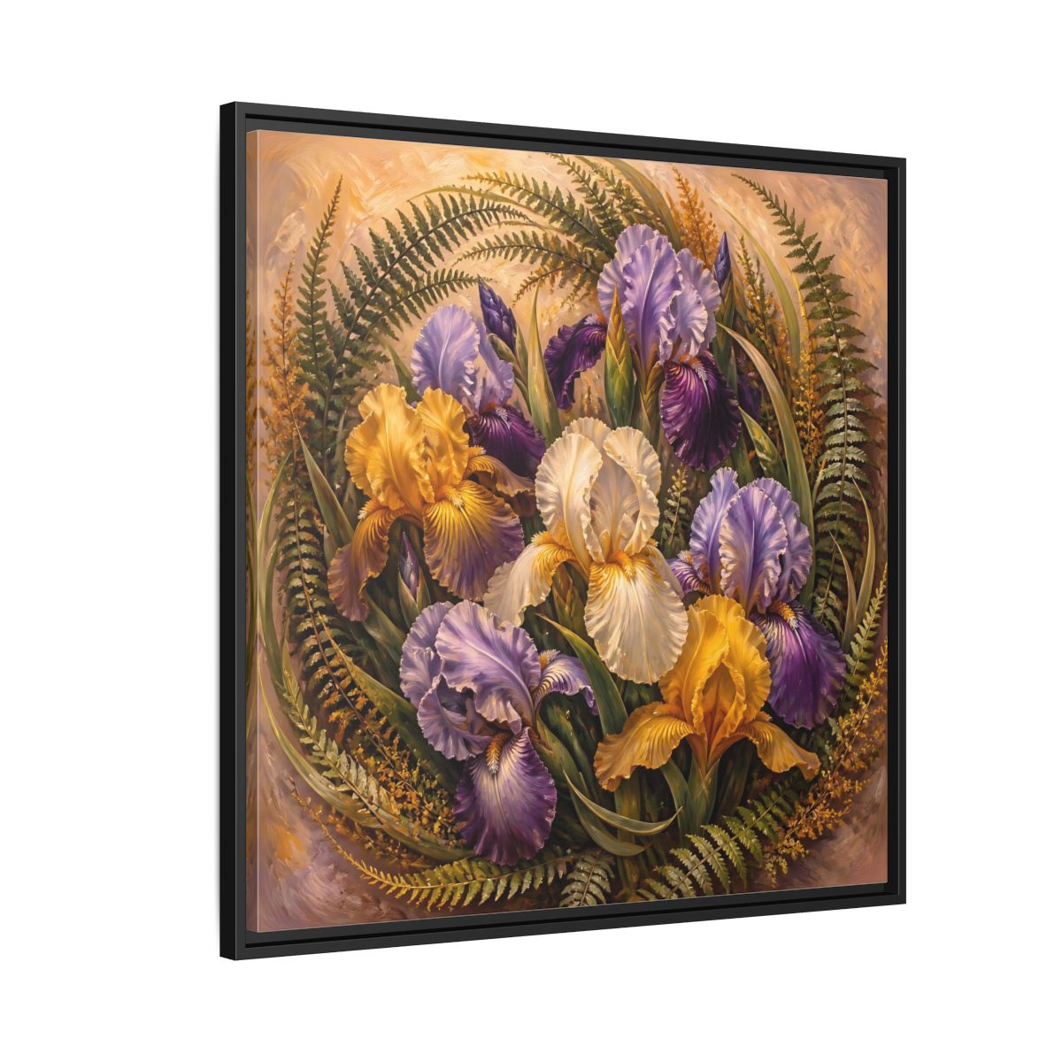 Side Mockup 9. Vintage Oil Painting Iris Bouquet With Fern Accents shown as stretched canvas wall art