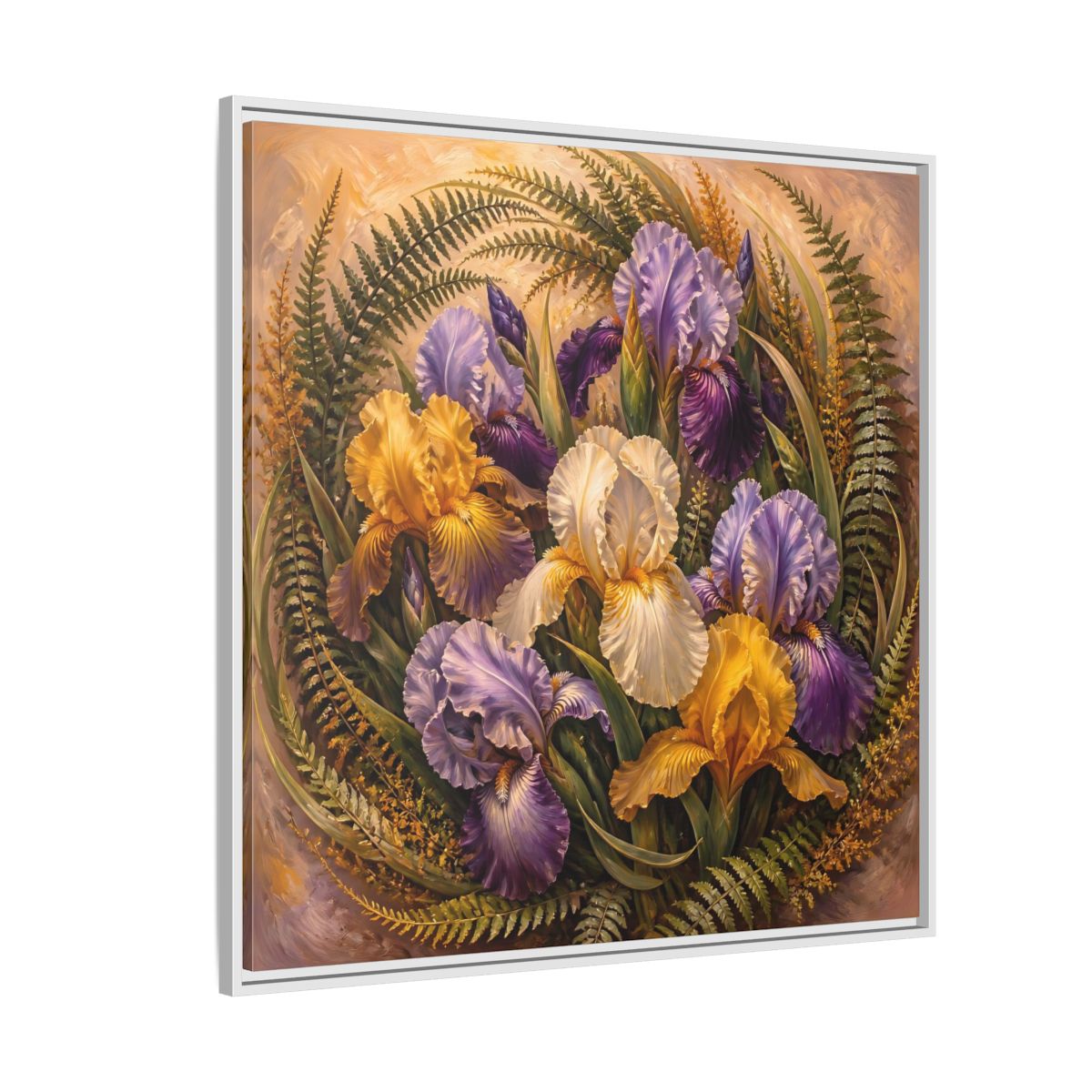Side Mockup 4. Vintage Oil Painting Iris Bouquet With Fern Accents shown as stretched canvas wall art