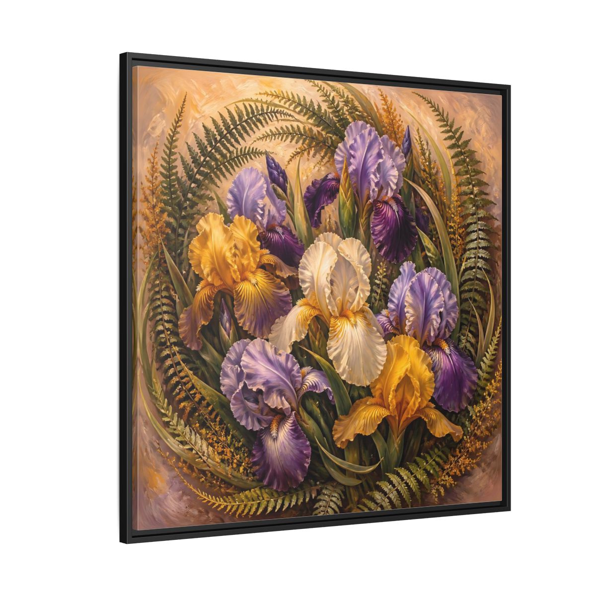 Side Mockup 6. Vintage Oil Painting Iris Bouquet With Fern Accents shown as stretched canvas wall art