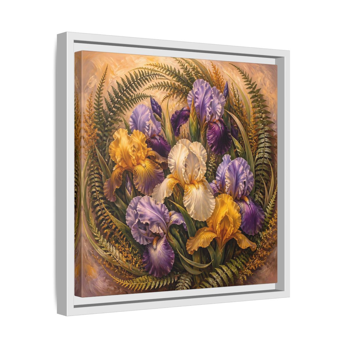 Side Mockup 28. Vintage Oil Painting Iris Bouquet With Fern Accents shown as stretched canvas wall art