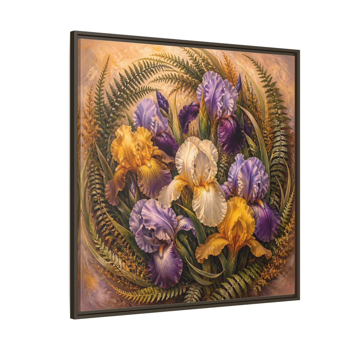 Side Mockup 5. Vintage Oil Painting Iris Bouquet With Fern Accents shown as stretched canvas wall art