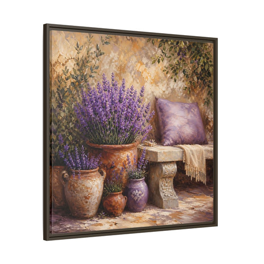 Main Mockup. Vintage Oil Painting Lavender Pots Beside Stone Bench shown as stretched canvas wall art