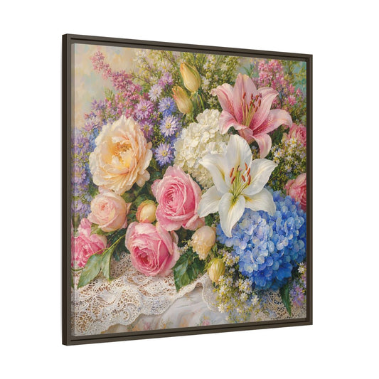 Main Mockup. Vintage Oil Painting Mixed Blossoms Near Lace Cloth shown as stretched canvas wall art