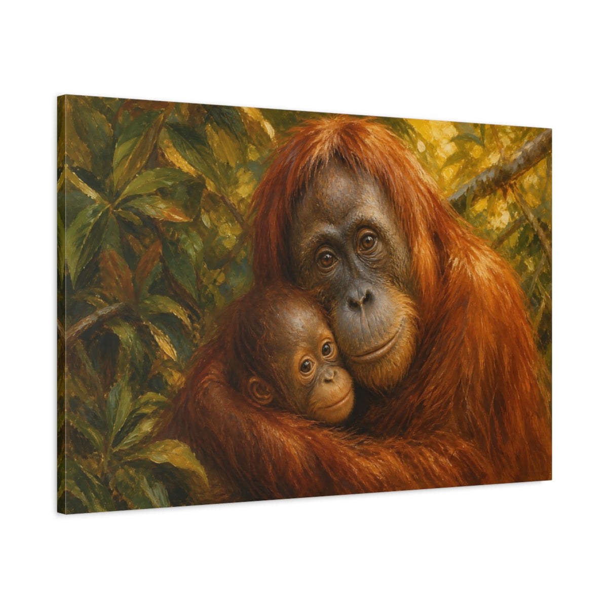 Main Mockup. Vintage Oil Painting Orangutan Beneath Filtered Canopy shown as stretched canvas wall art