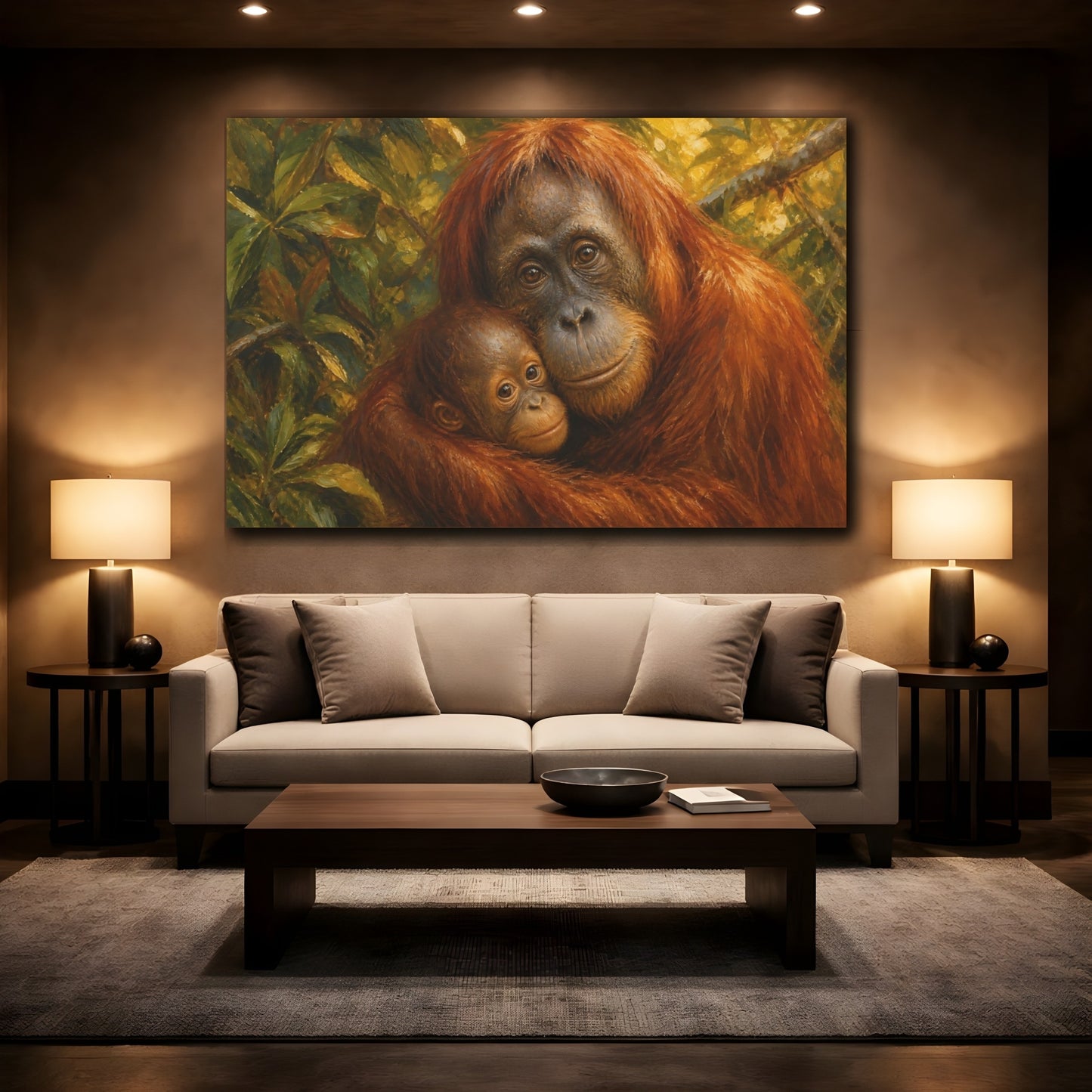 Mockup 2. Vintage Oil Painting Orangutan Beneath Filtered Canopy shown as stretched canvas wall art