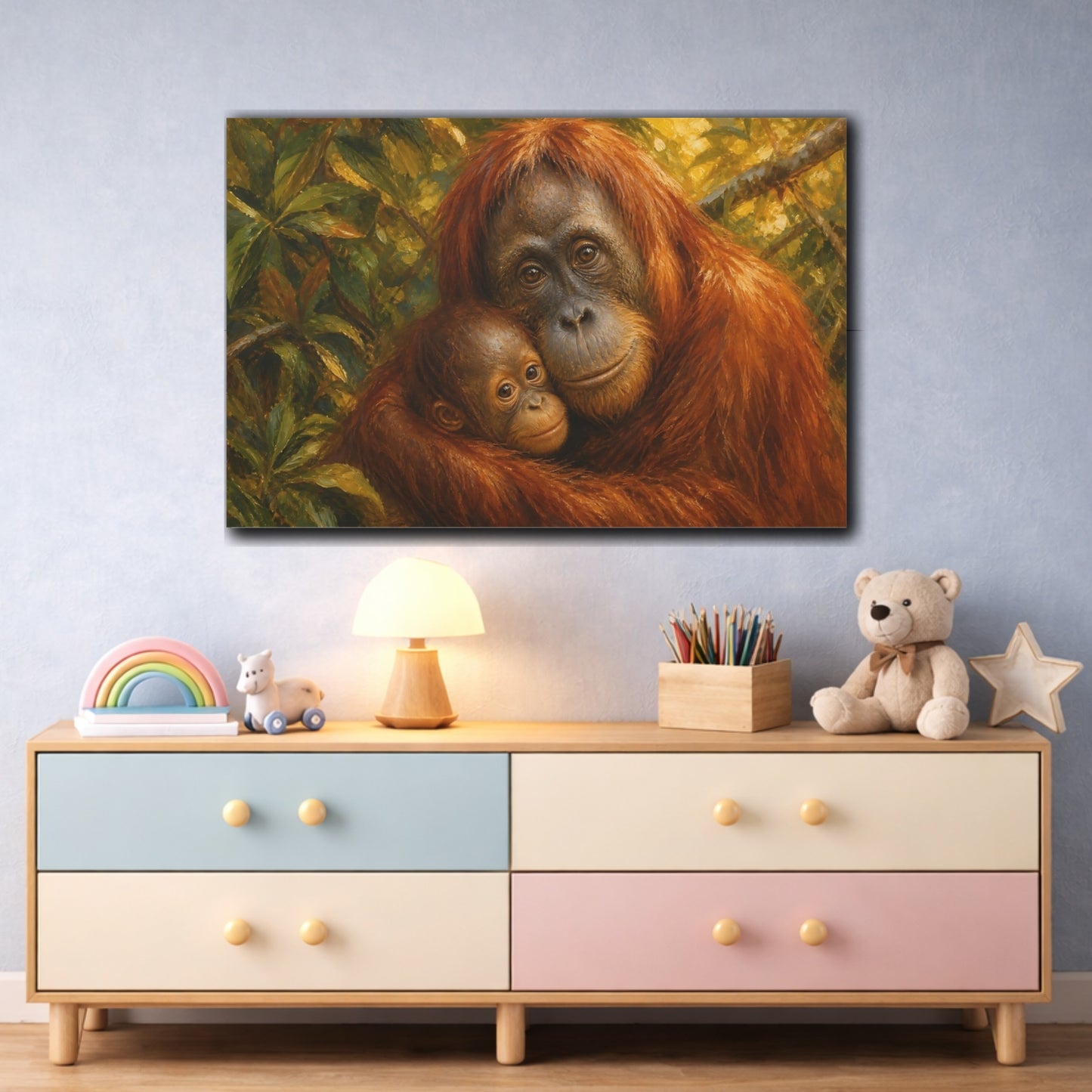 Mockup 3. Vintage Oil Painting Orangutan Beneath Filtered Canopy shown as stretched canvas wall art