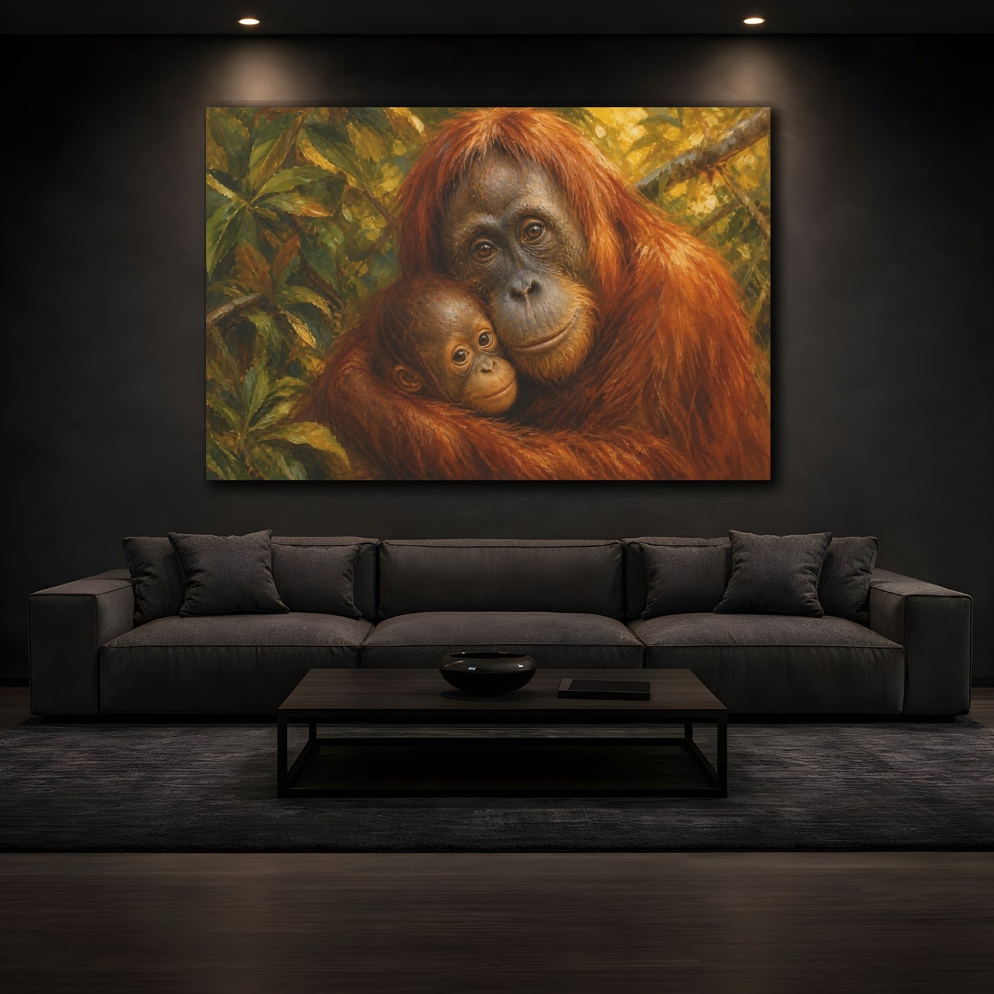 Mockup 4. Vintage Oil Painting Orangutan Beneath Filtered Canopy shown as stretched canvas wall art