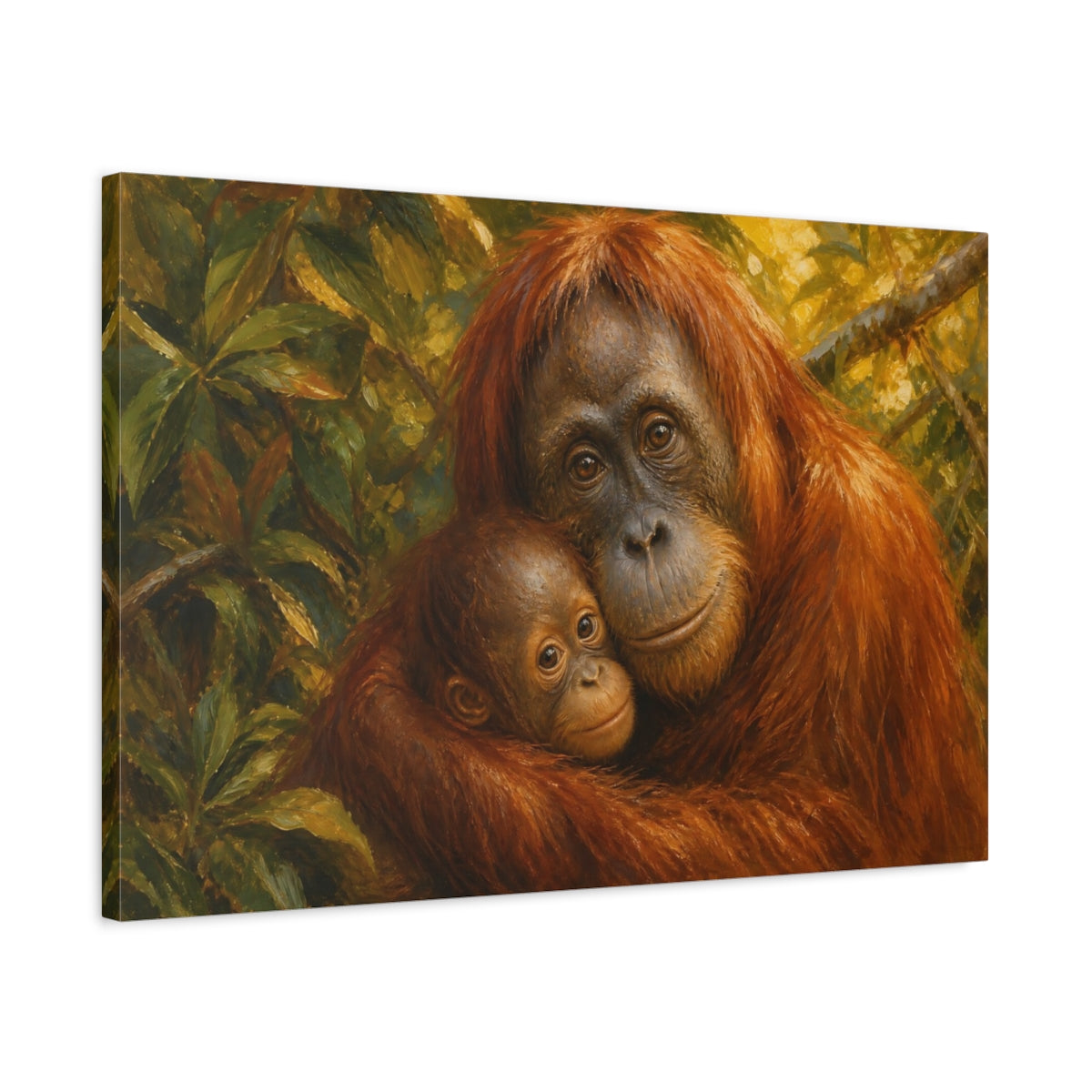 Side Mockup 2. Vintage Oil Painting Orangutan Beneath Filtered Canopy shown as stretched canvas wall art