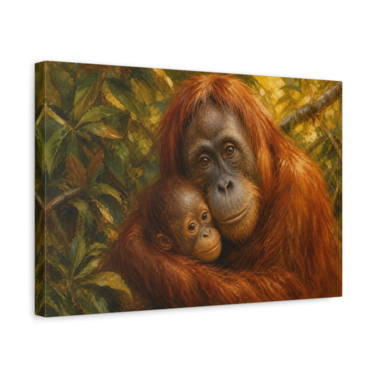 Side Mockup 4. Vintage Oil Painting Orangutan Beneath Filtered Canopy shown as stretched canvas wall art