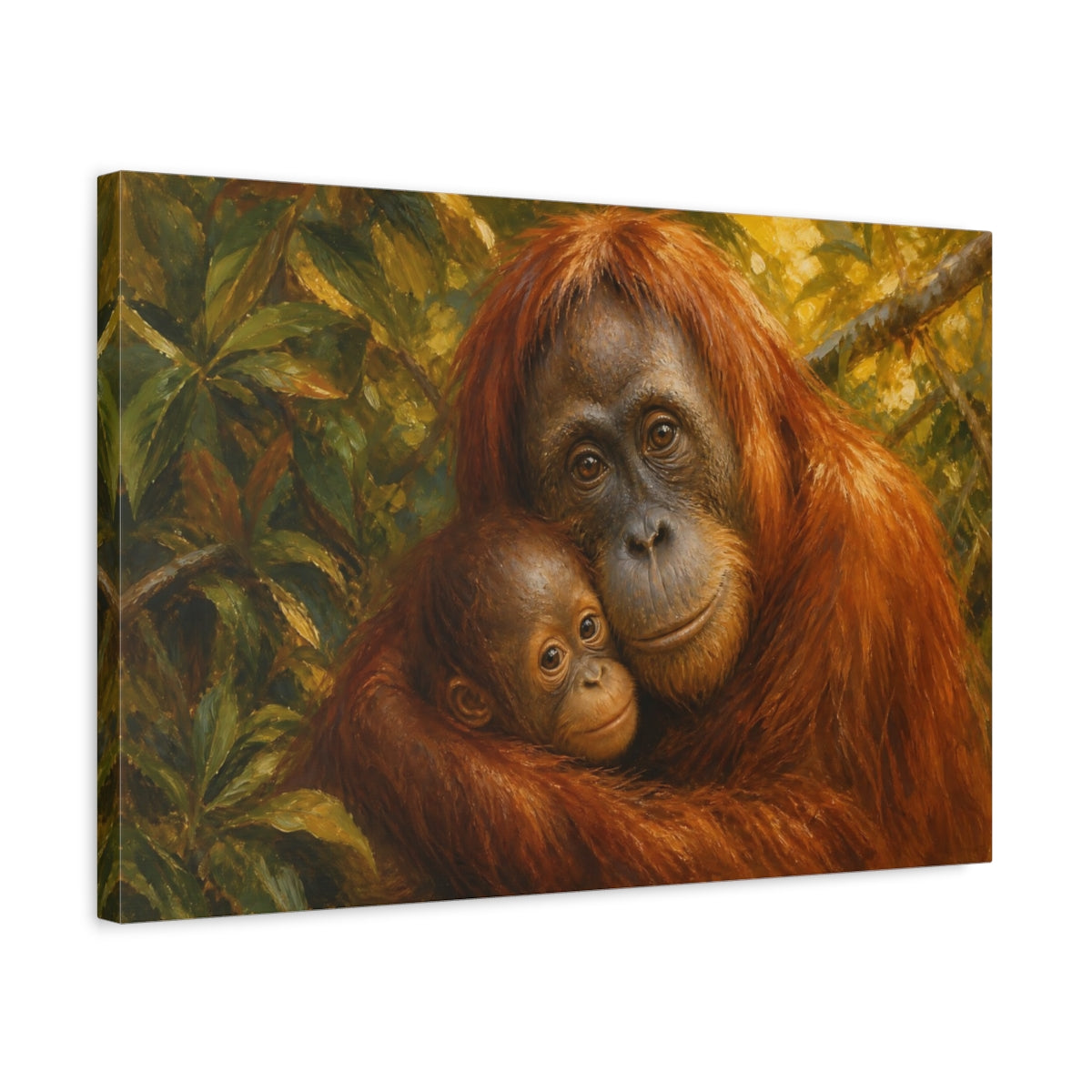 Side Mockup 3. Vintage Oil Painting Orangutan Beneath Filtered Canopy shown as stretched canvas wall art