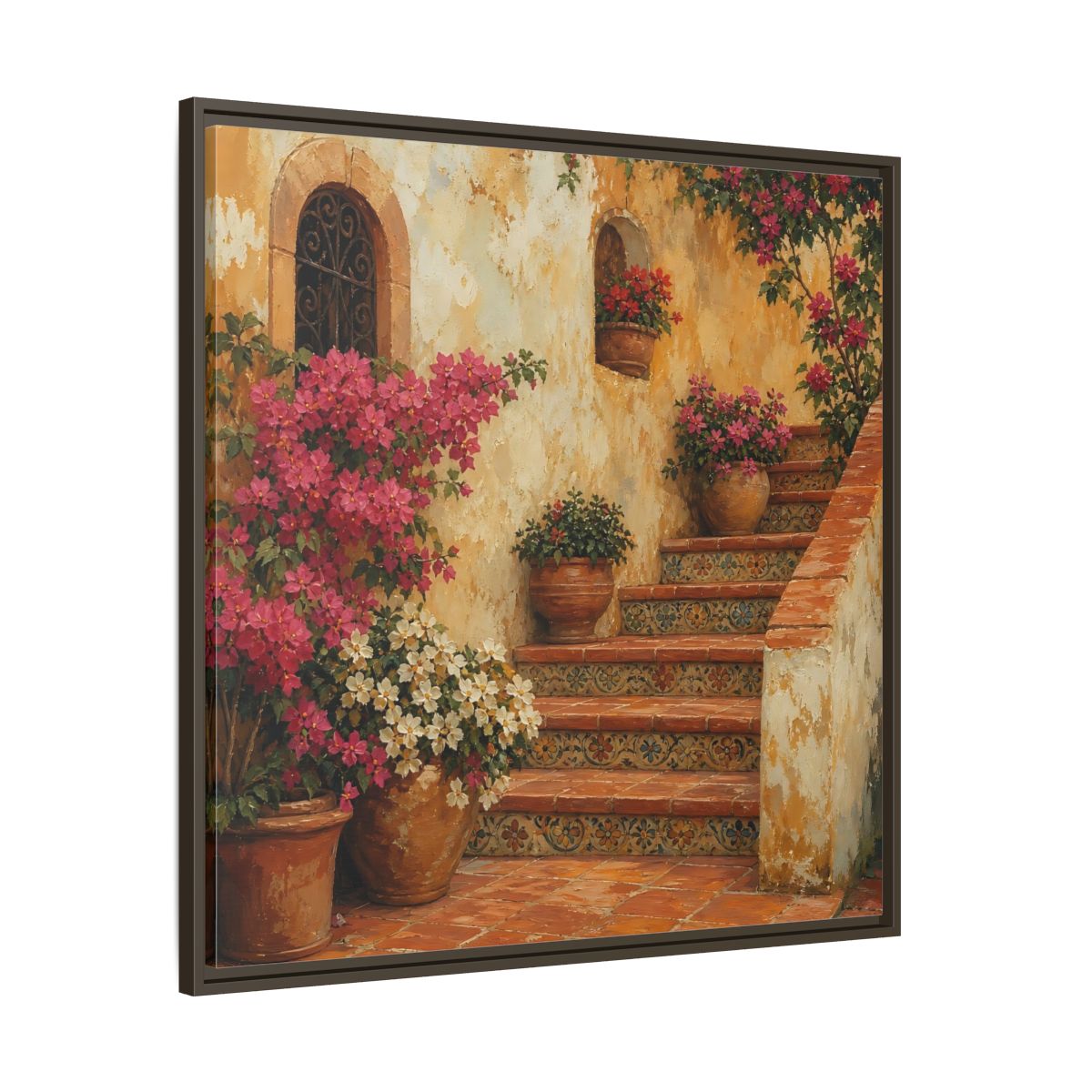 Main Mockup. Vintage Oil Painting Terracotta Stairway With Flowering Pots shown as stretched canvas wall art