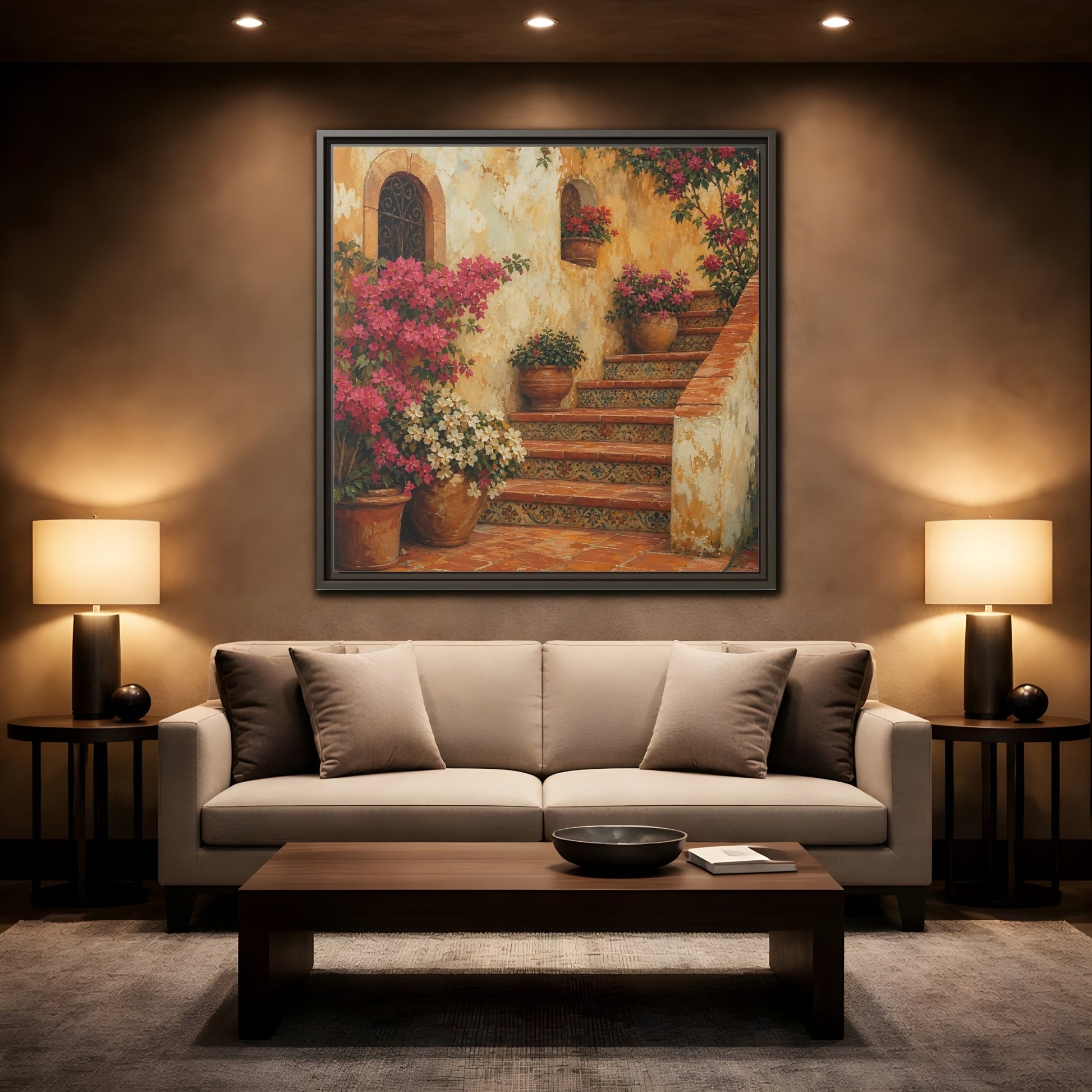 Mockup 2. Vintage Oil Painting Terracotta Stairway With Flowering Pots shown as stretched canvas wall art