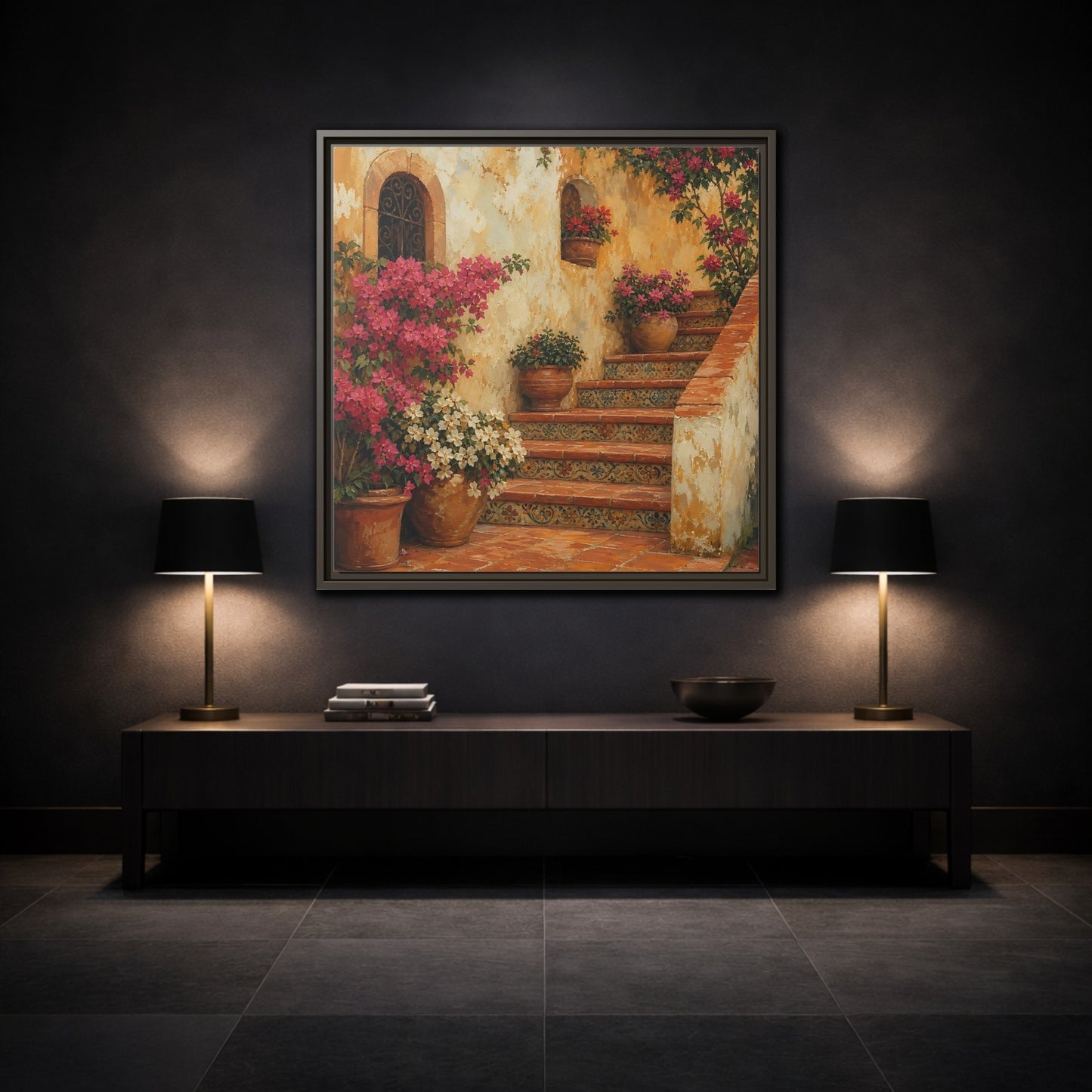 Mockup 3. Vintage Oil Painting Terracotta Stairway With Flowering Pots shown as stretched canvas wall art