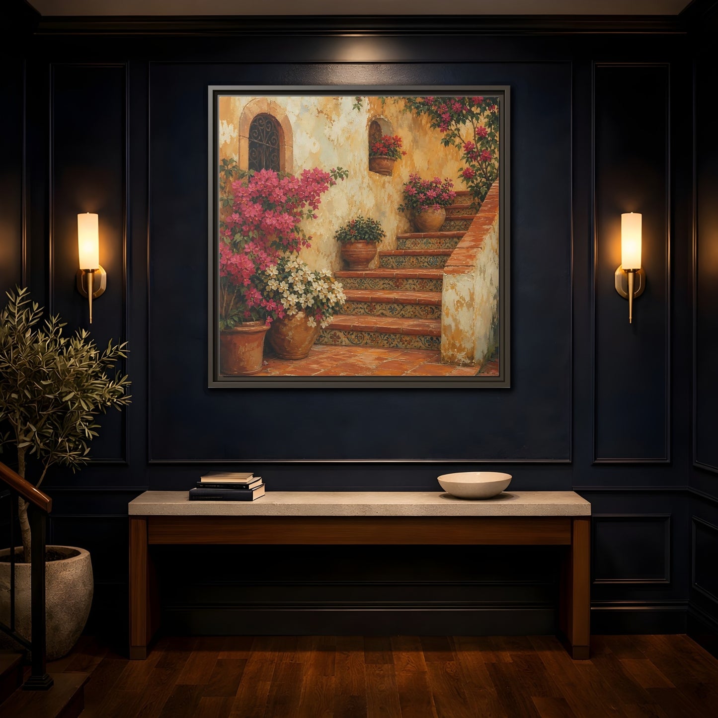 Mockup 4. Vintage Oil Painting Terracotta Stairway With Flowering Pots shown as stretched canvas wall art