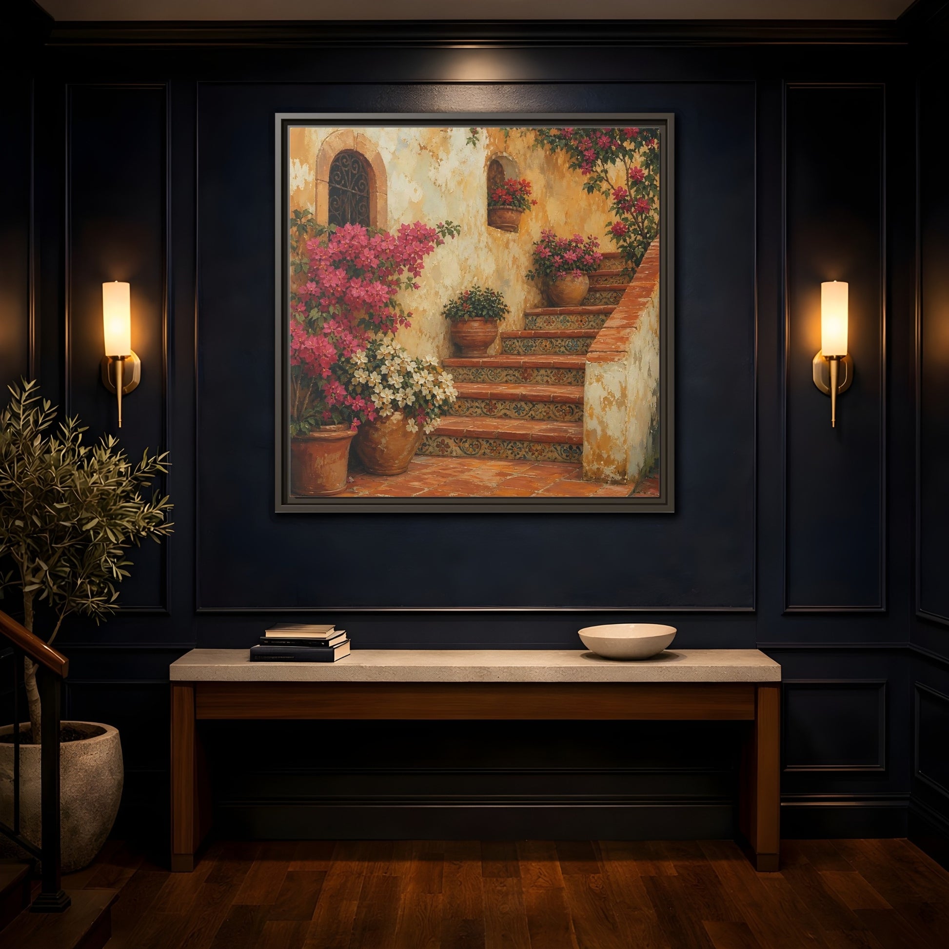 Mockup 4. Vintage Oil Painting Terracotta Stairway With Flowering Pots shown as stretched canvas wall art