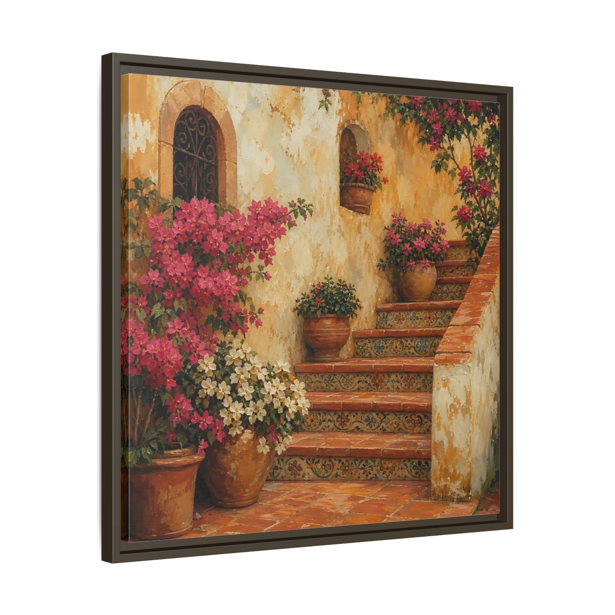 Side Mockup 27. Vintage Oil Painting Terracotta Stairway With Flowering Pots shown as stretched canvas wall art