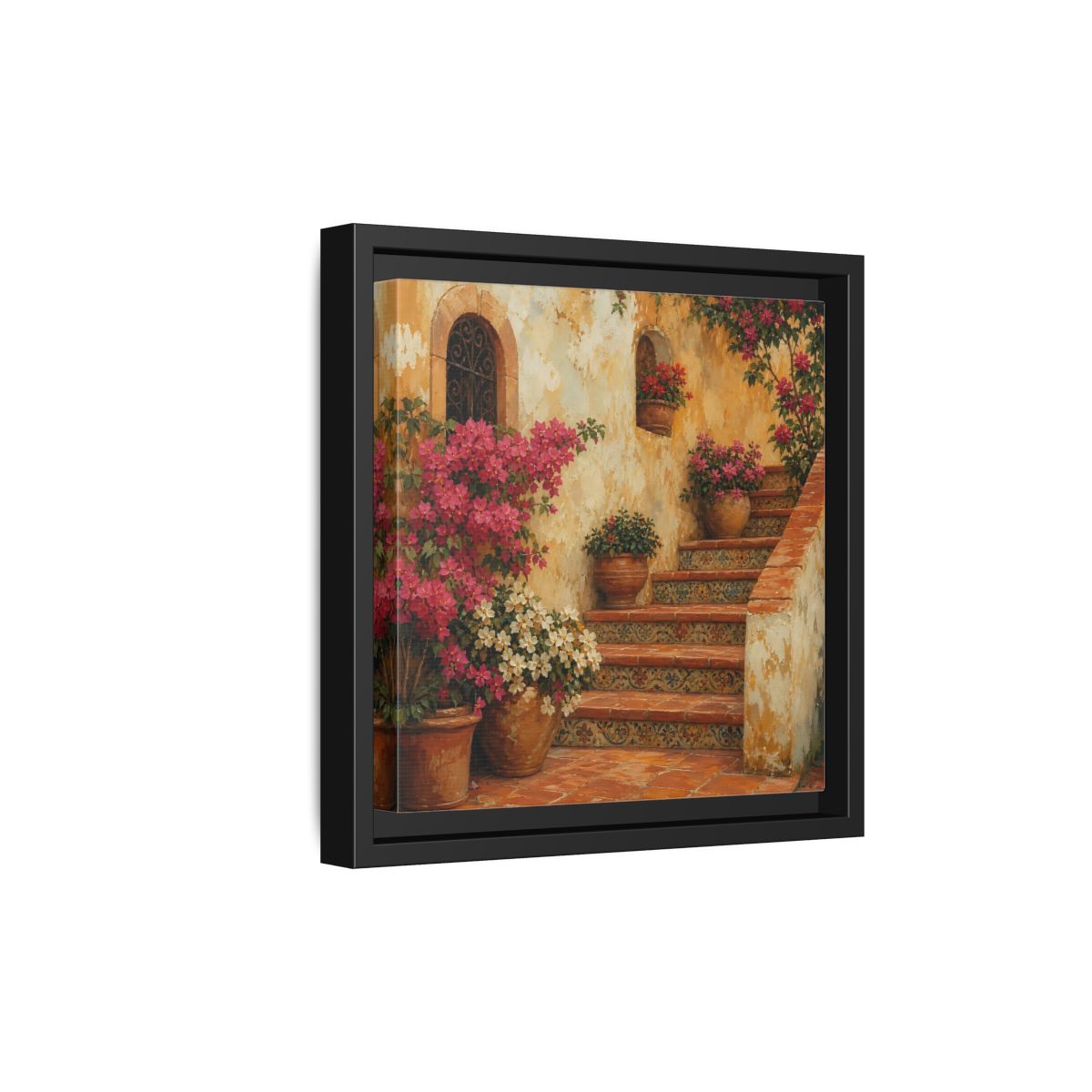 Side Mockup 21. Vintage Oil Painting Terracotta Stairway With Flowering Pots shown as stretched canvas wall art