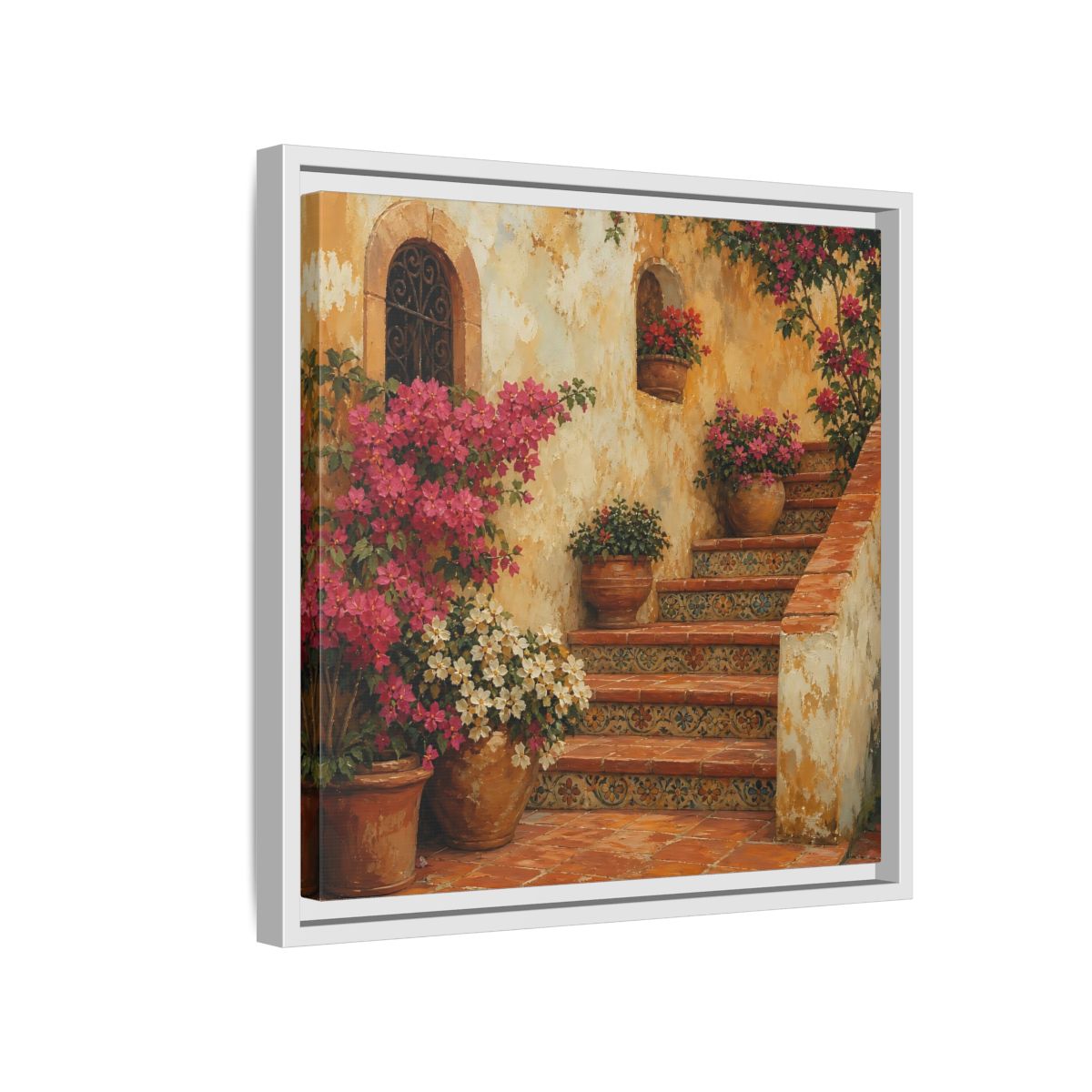 Side Mockup 13. Vintage Oil Painting Terracotta Stairway With Flowering Pots shown as stretched canvas wall art