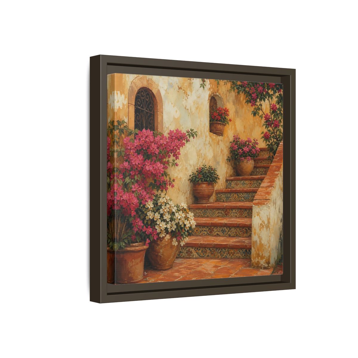Side Mockup 17. Vintage Oil Painting Terracotta Stairway With Flowering Pots shown as stretched canvas wall art