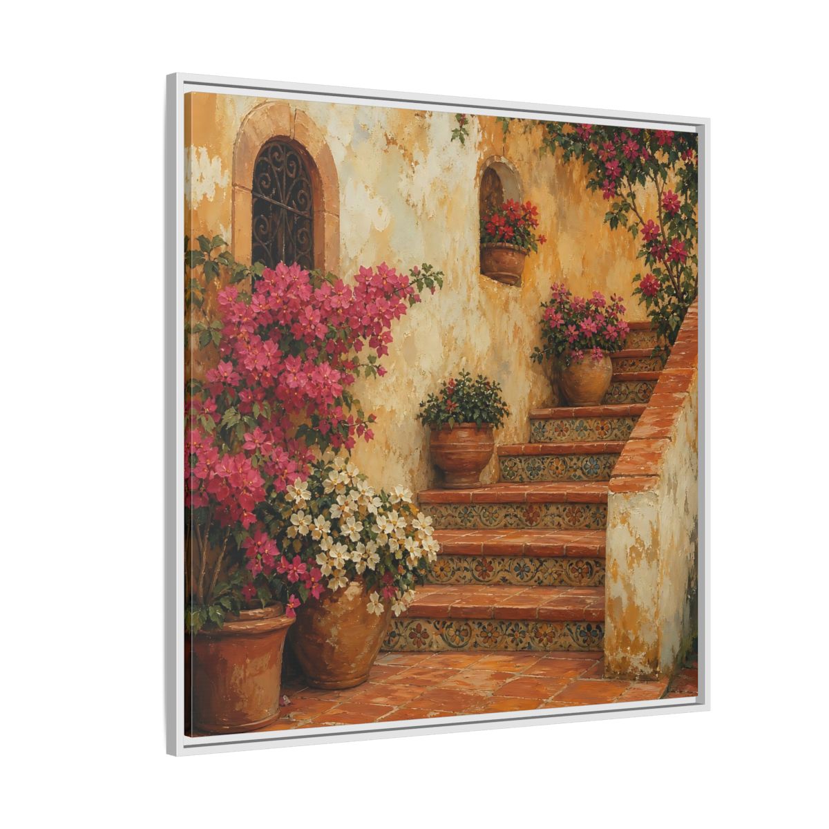 Side Mockup 4. Vintage Oil Painting Terracotta Stairway With Flowering Pots shown as stretched canvas wall art