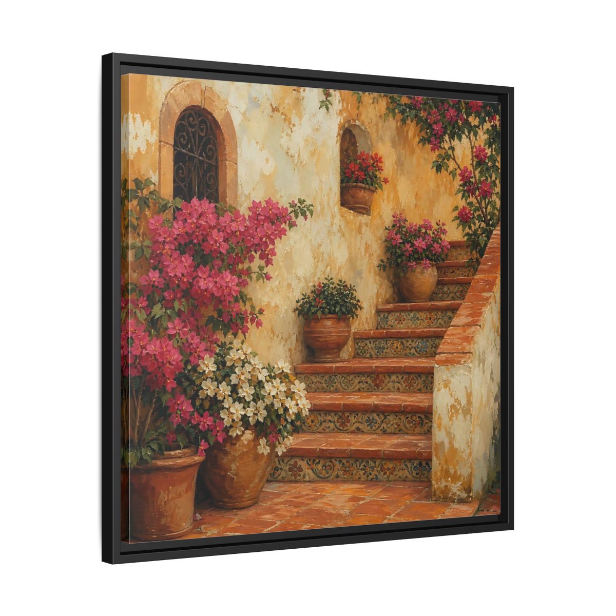 Side Mockup 31. Vintage Oil Painting Terracotta Stairway With Flowering Pots shown as stretched canvas wall art