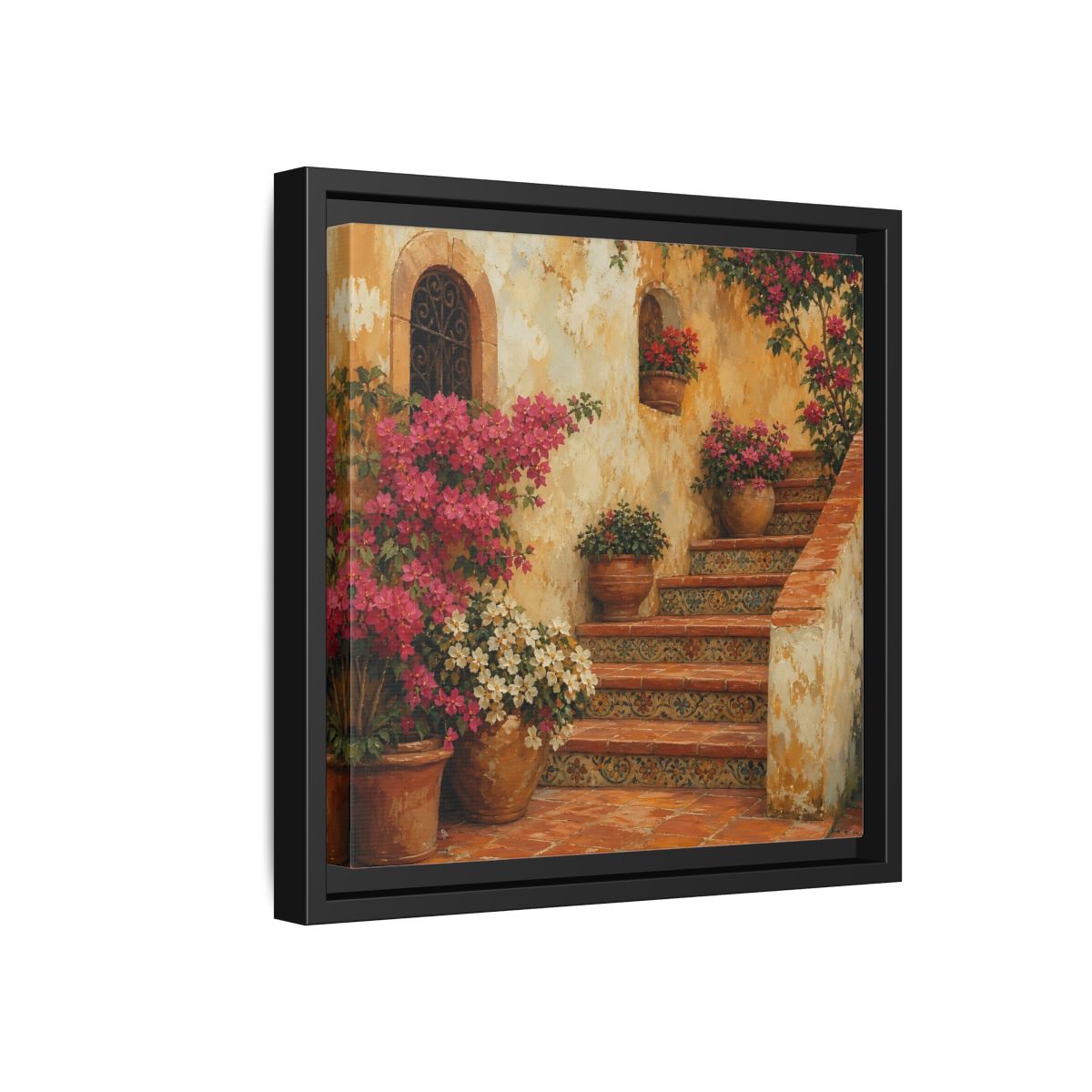 Side Mockup 18. Vintage Oil Painting Terracotta Stairway With Flowering Pots shown as stretched canvas wall art