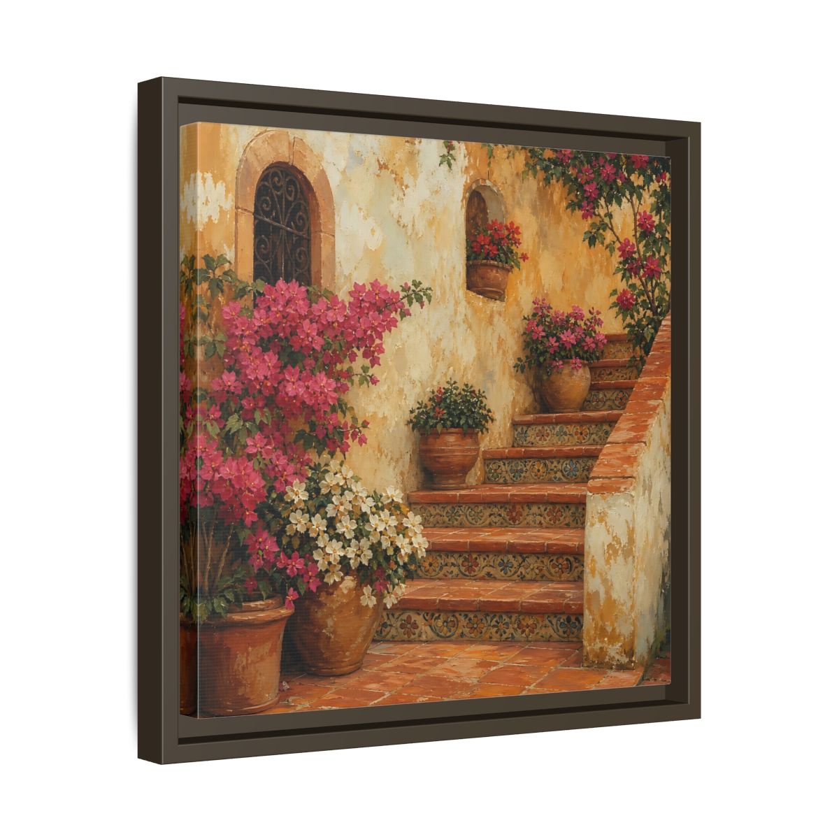 Side Mockup 29. Vintage Oil Painting Terracotta Stairway With Flowering Pots shown as stretched canvas wall art