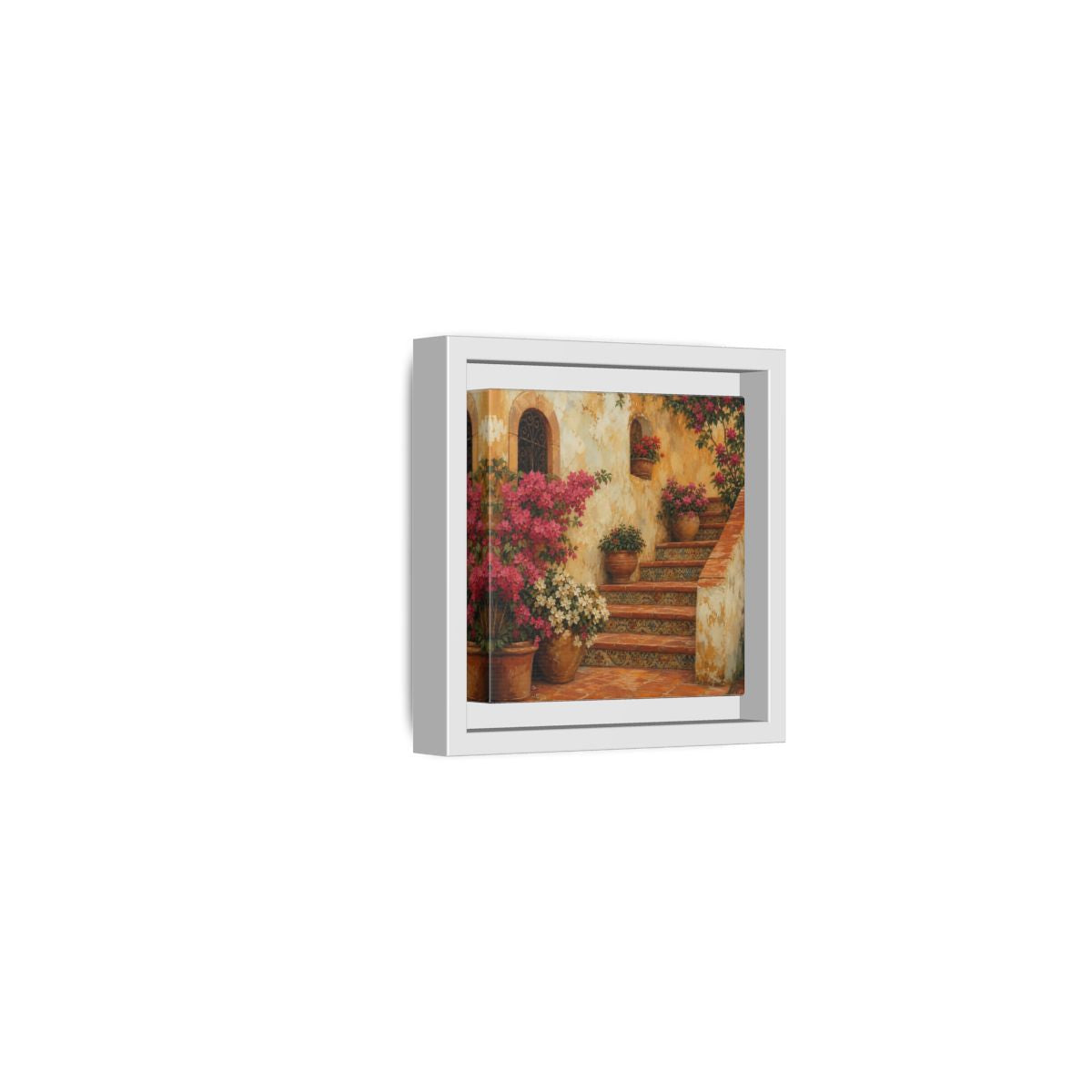 Side Mockup 22. Vintage Oil Painting Terracotta Stairway With Flowering Pots shown as stretched canvas wall art
