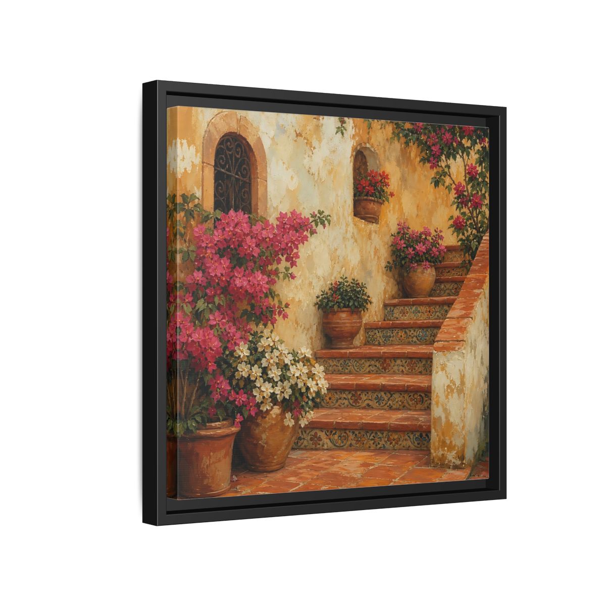 Side Mockup 15. Vintage Oil Painting Terracotta Stairway With Flowering Pots shown as stretched canvas wall art