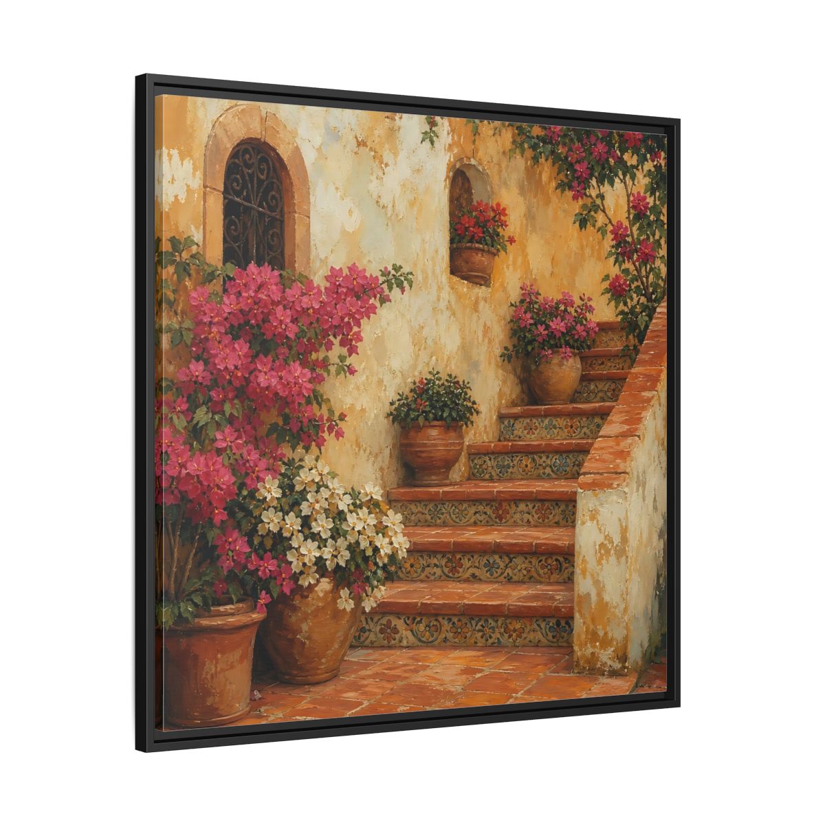 Side Mockup 30. Vintage Oil Painting Terracotta Stairway With Flowering Pots shown as stretched canvas wall art