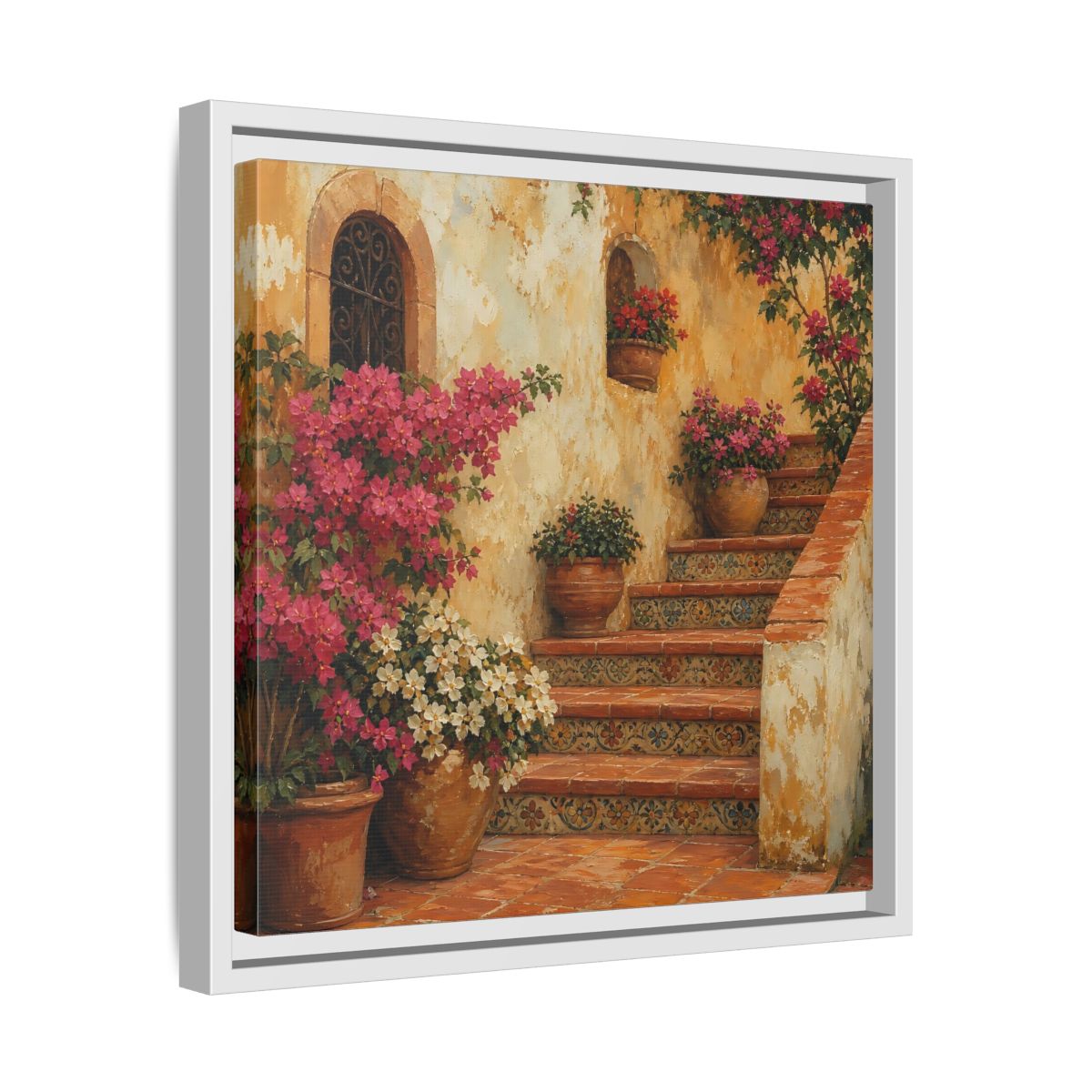 Side Mockup 28. Vintage Oil Painting Terracotta Stairway With Flowering Pots shown as stretched canvas wall art