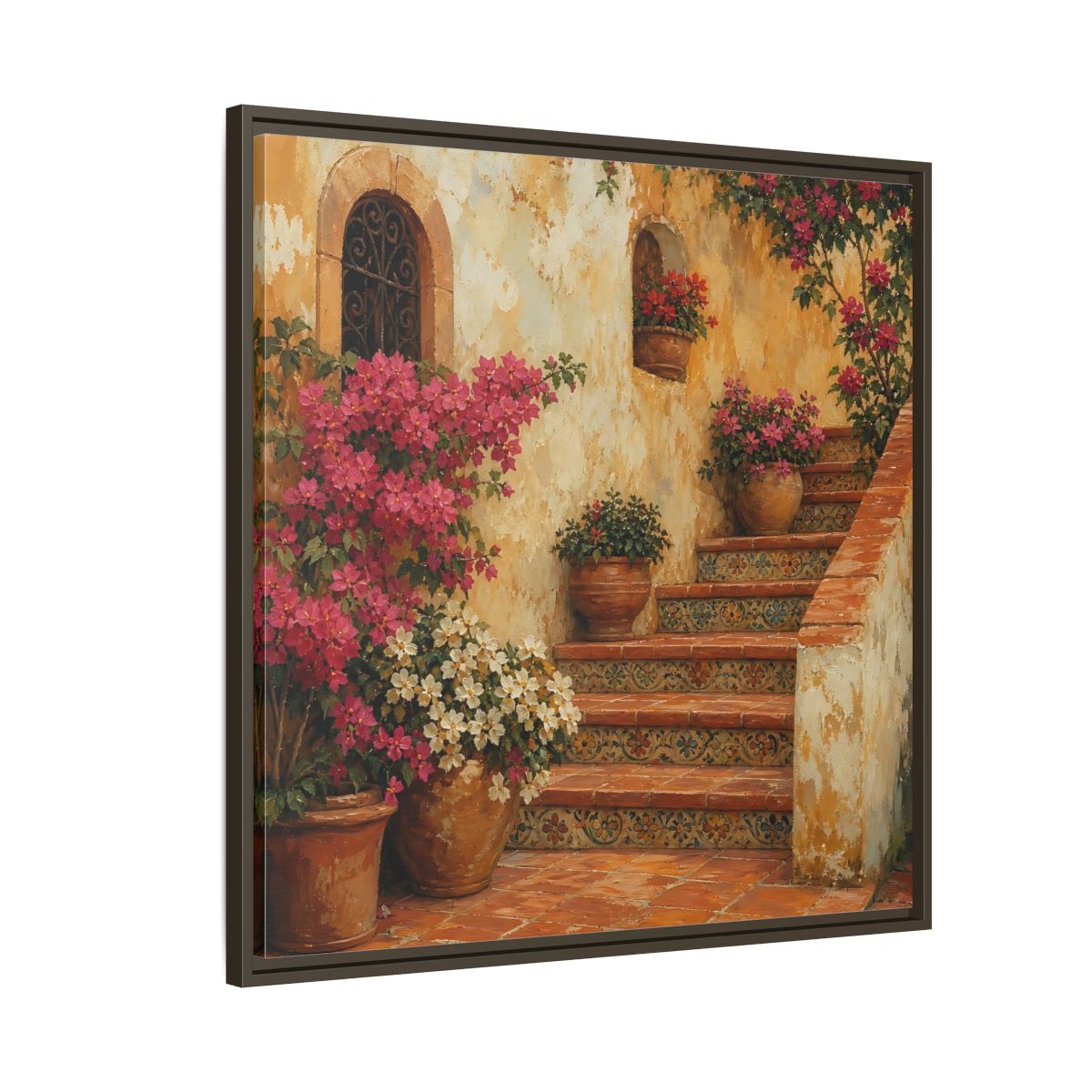 Side Mockup 8. Vintage Oil Painting Terracotta Stairway With Flowering Pots shown as stretched canvas wall art