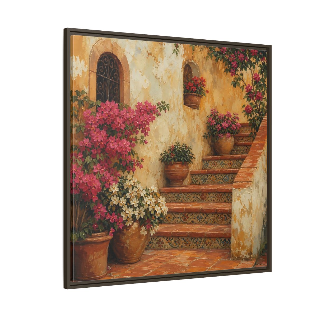 Side Mockup 5. Vintage Oil Painting Terracotta Stairway With Flowering Pots shown as stretched canvas wall art