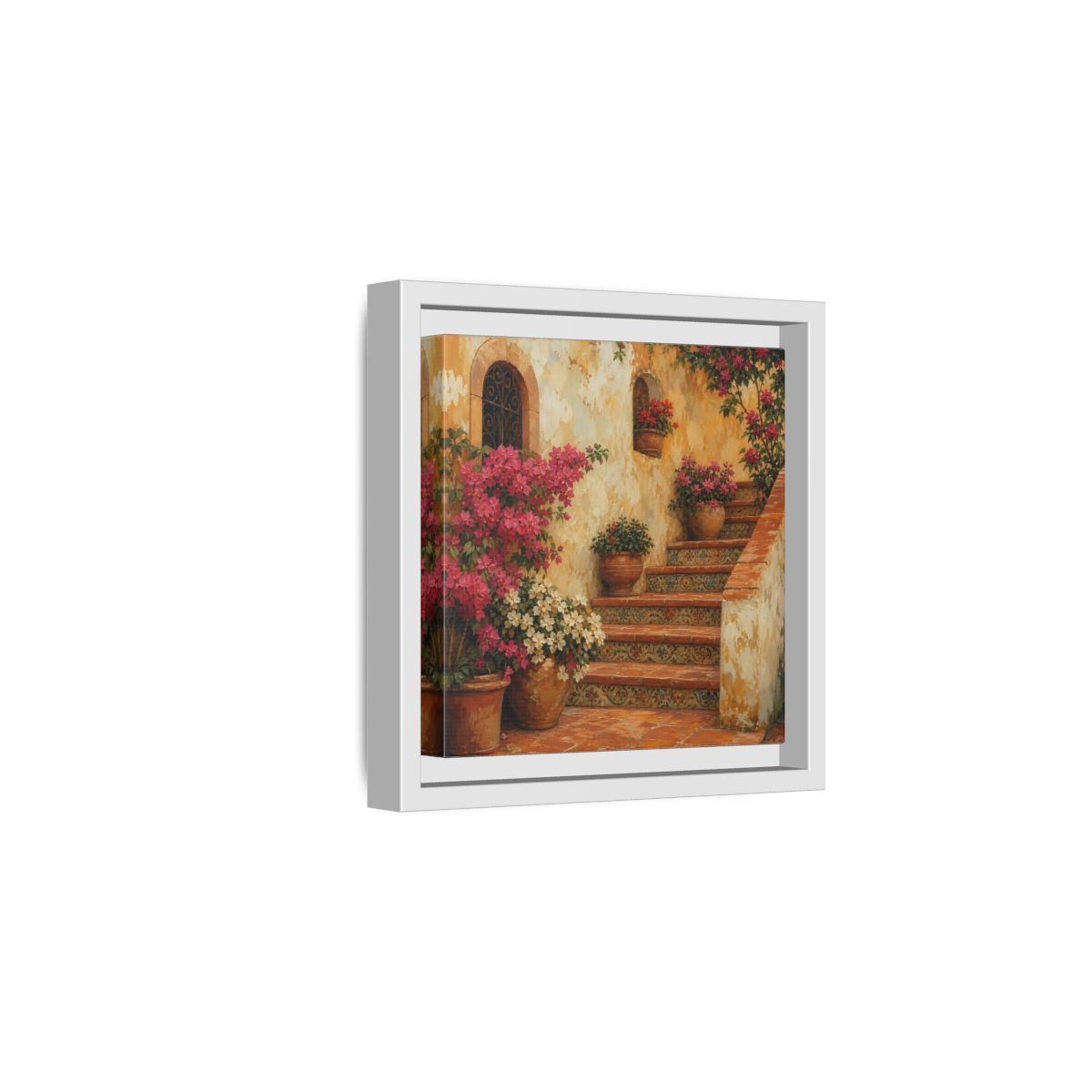 Side Mockup 1. Vintage Oil Painting Terracotta Stairway With Flowering Pots shown as stretched canvas wall art