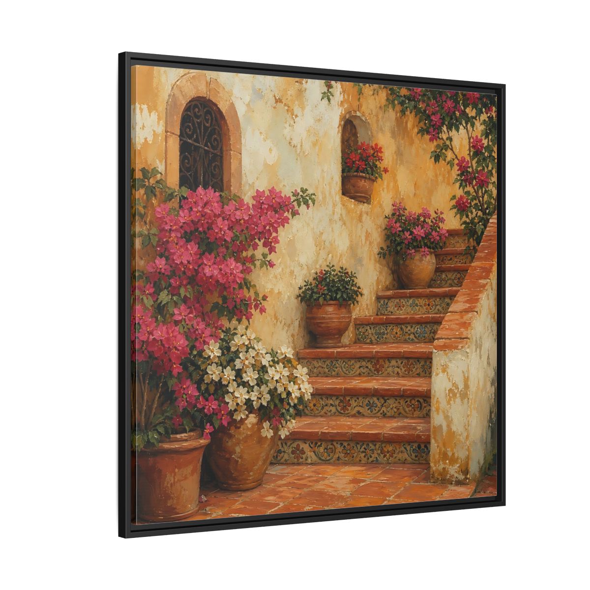 Side Mockup 6. Vintage Oil Painting Terracotta Stairway With Flowering Pots shown as stretched canvas wall art