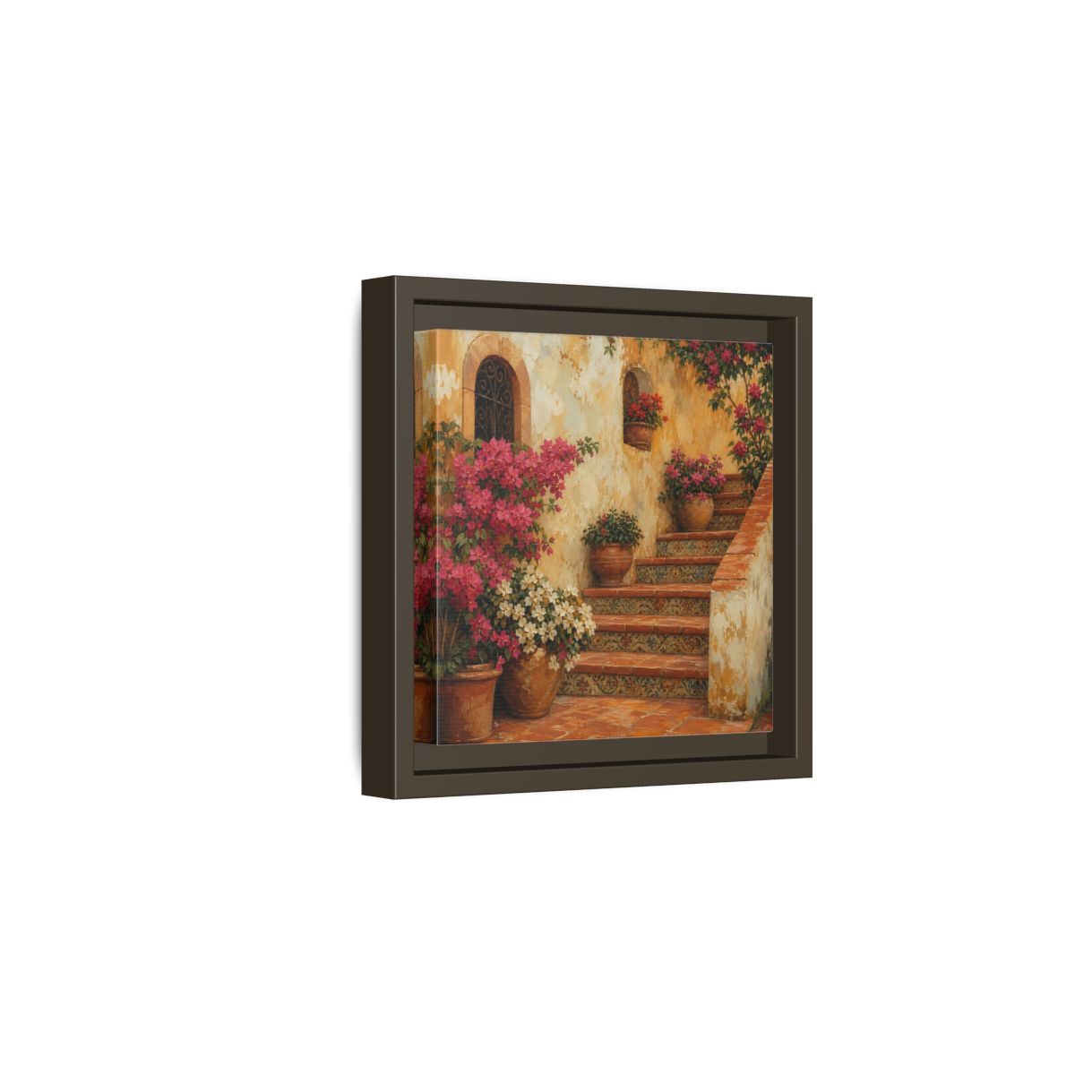 Side Mockup 2. Vintage Oil Painting Terracotta Stairway With Flowering Pots shown as stretched canvas wall art