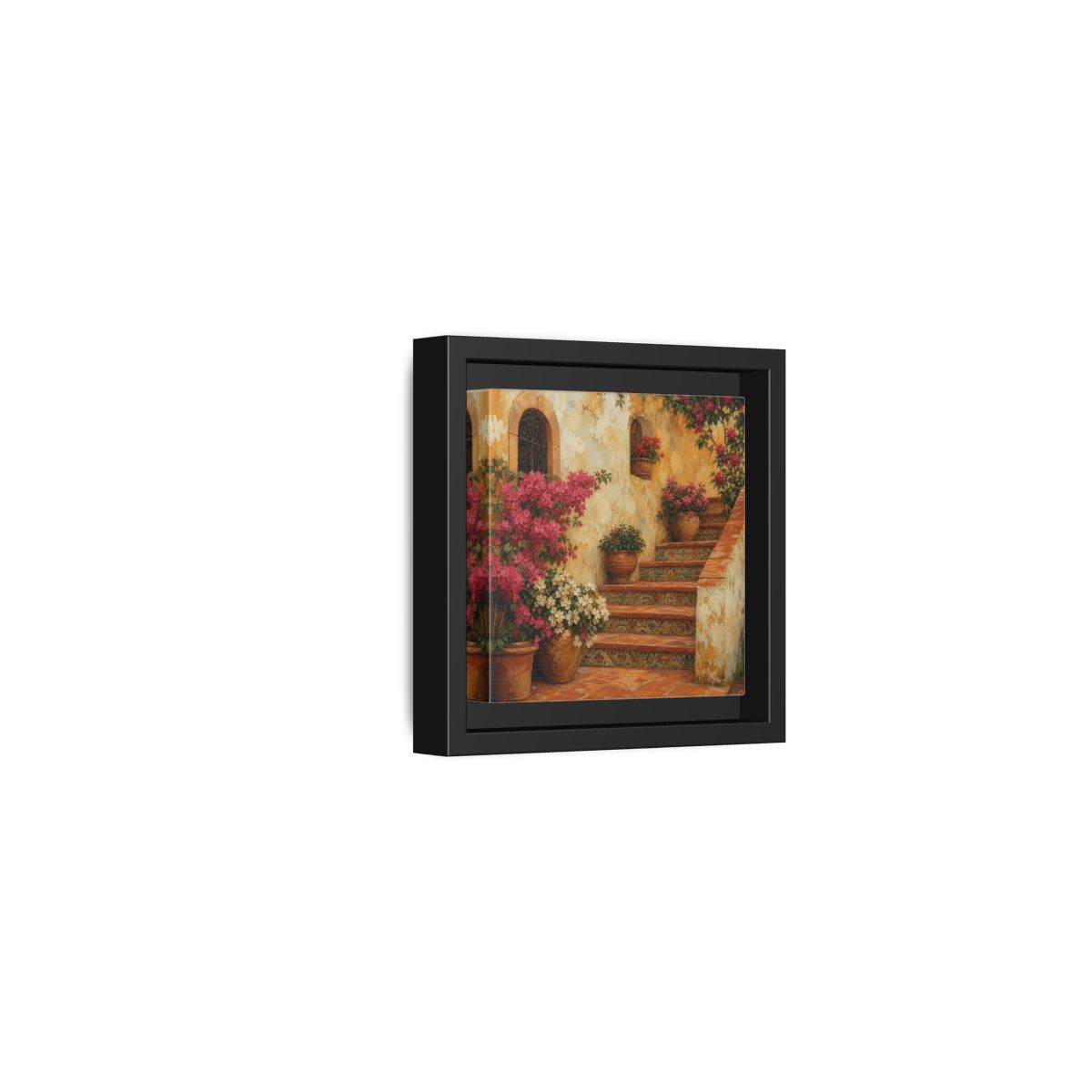 Side Mockup 24. Vintage Oil Painting Terracotta Stairway With Flowering Pots shown as stretched canvas wall art