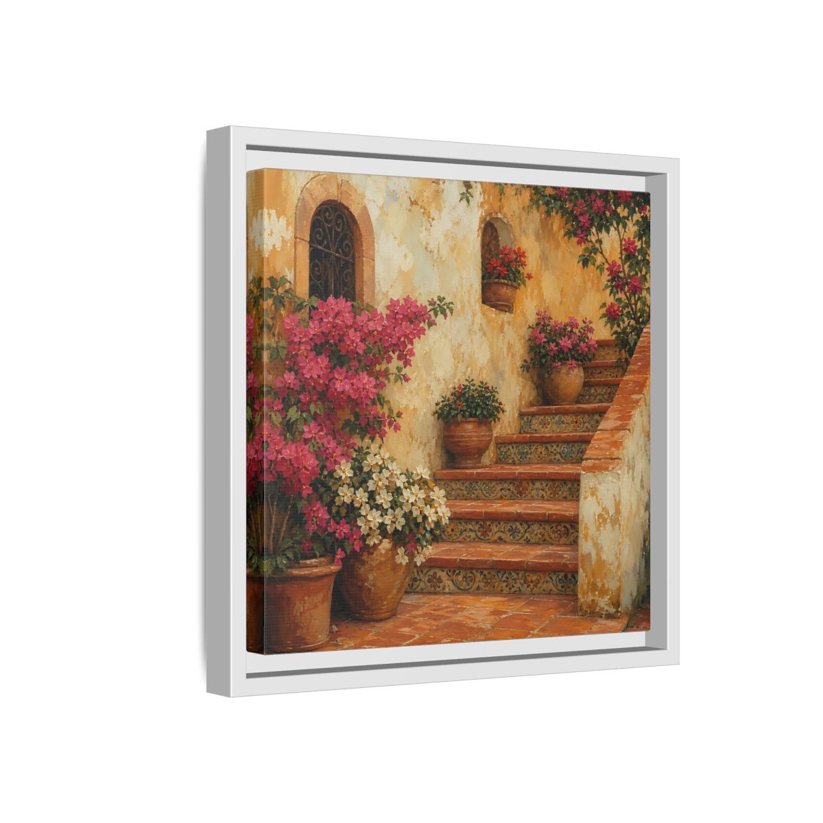 Side Mockup 16. Vintage Oil Painting Terracotta Stairway With Flowering Pots shown as stretched canvas wall art
