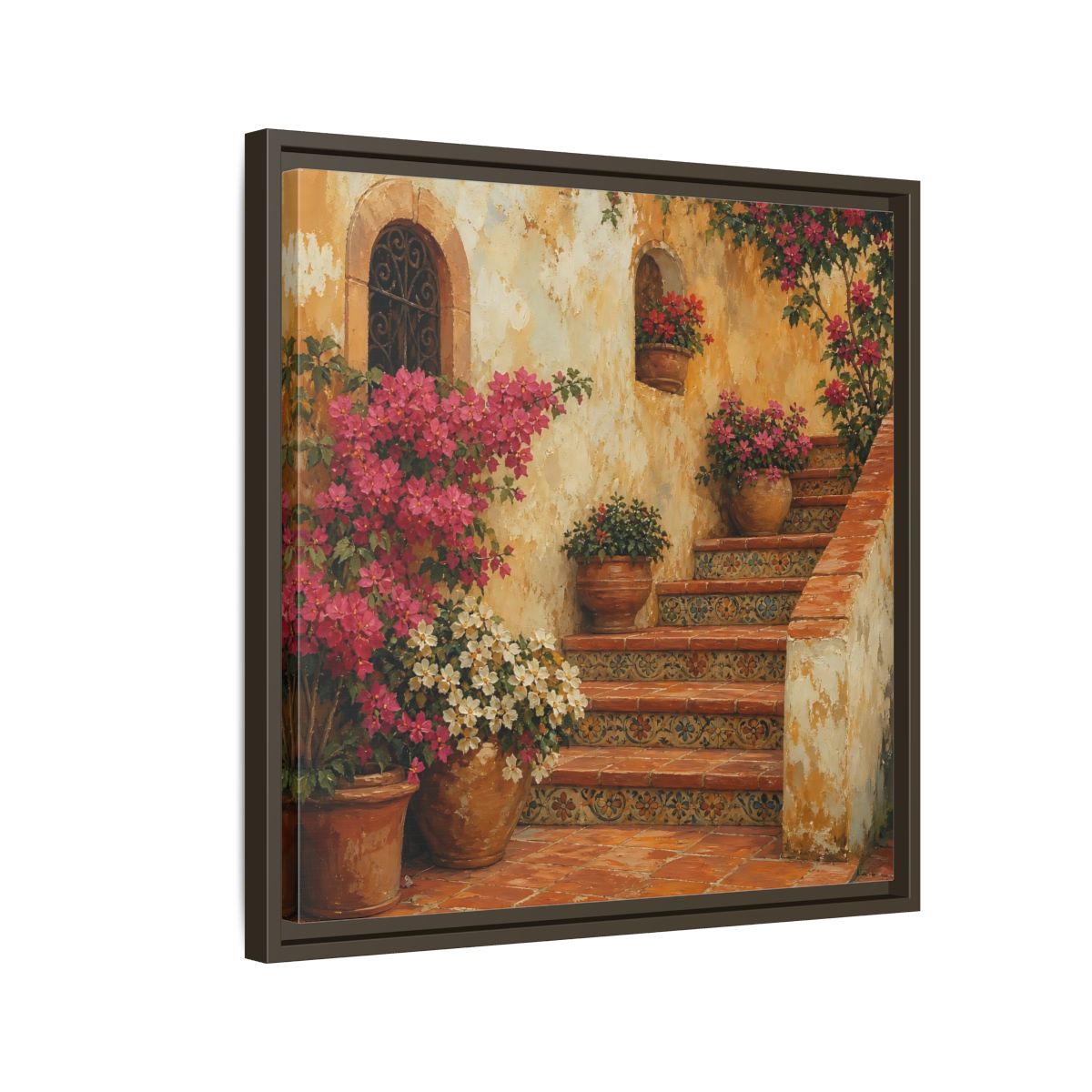 Side Mockup 11. Vintage Oil Painting Terracotta Stairway With Flowering Pots shown as stretched canvas wall art