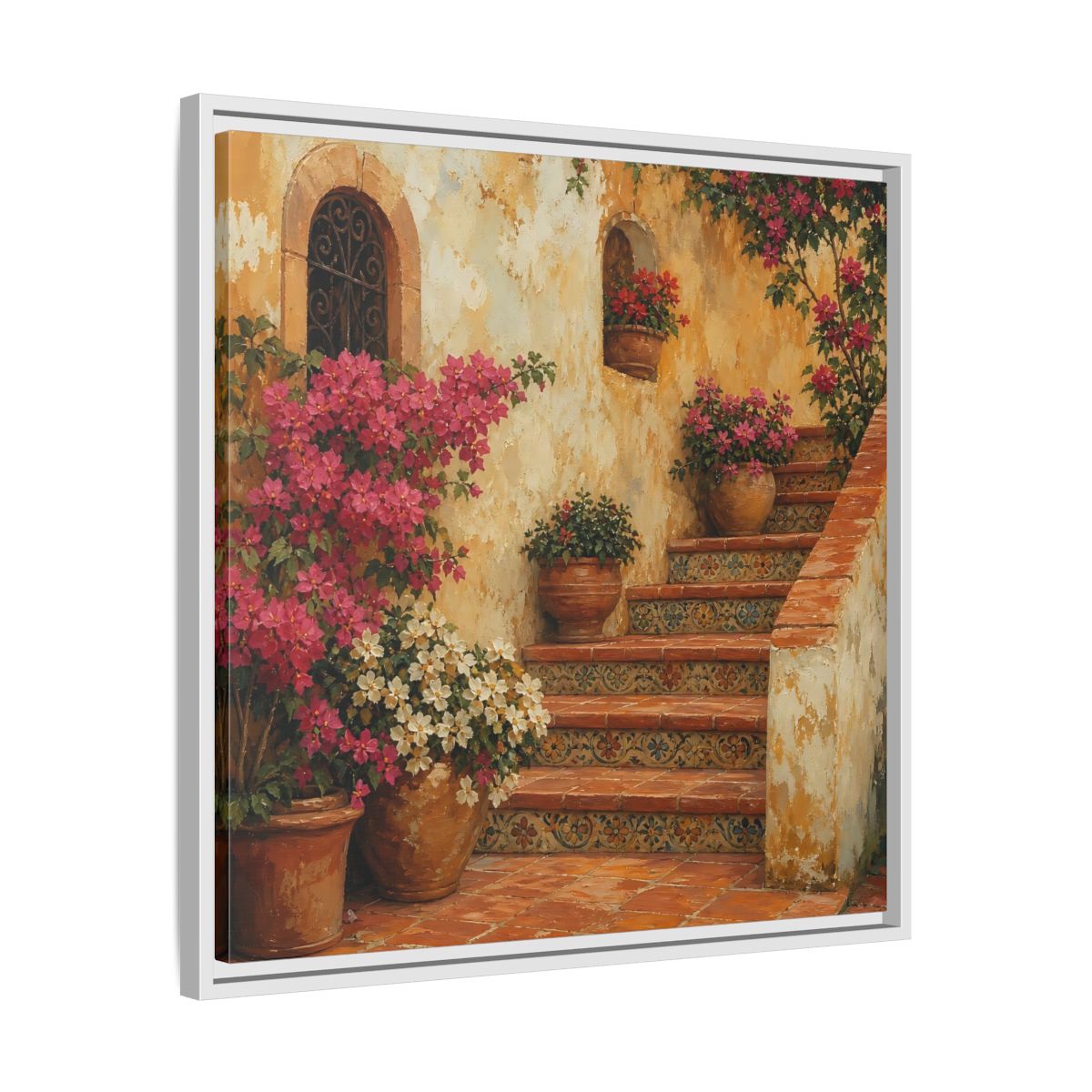 Side Mockup 26. Vintage Oil Painting Terracotta Stairway With Flowering Pots shown as stretched canvas wall art