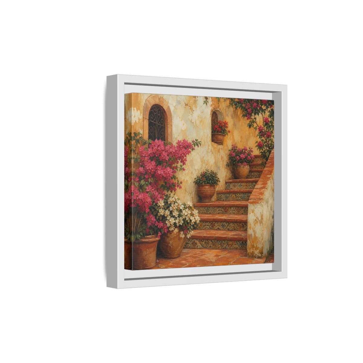 Side Mockup 19. Vintage Oil Painting Terracotta Stairway With Flowering Pots shown as stretched canvas wall art