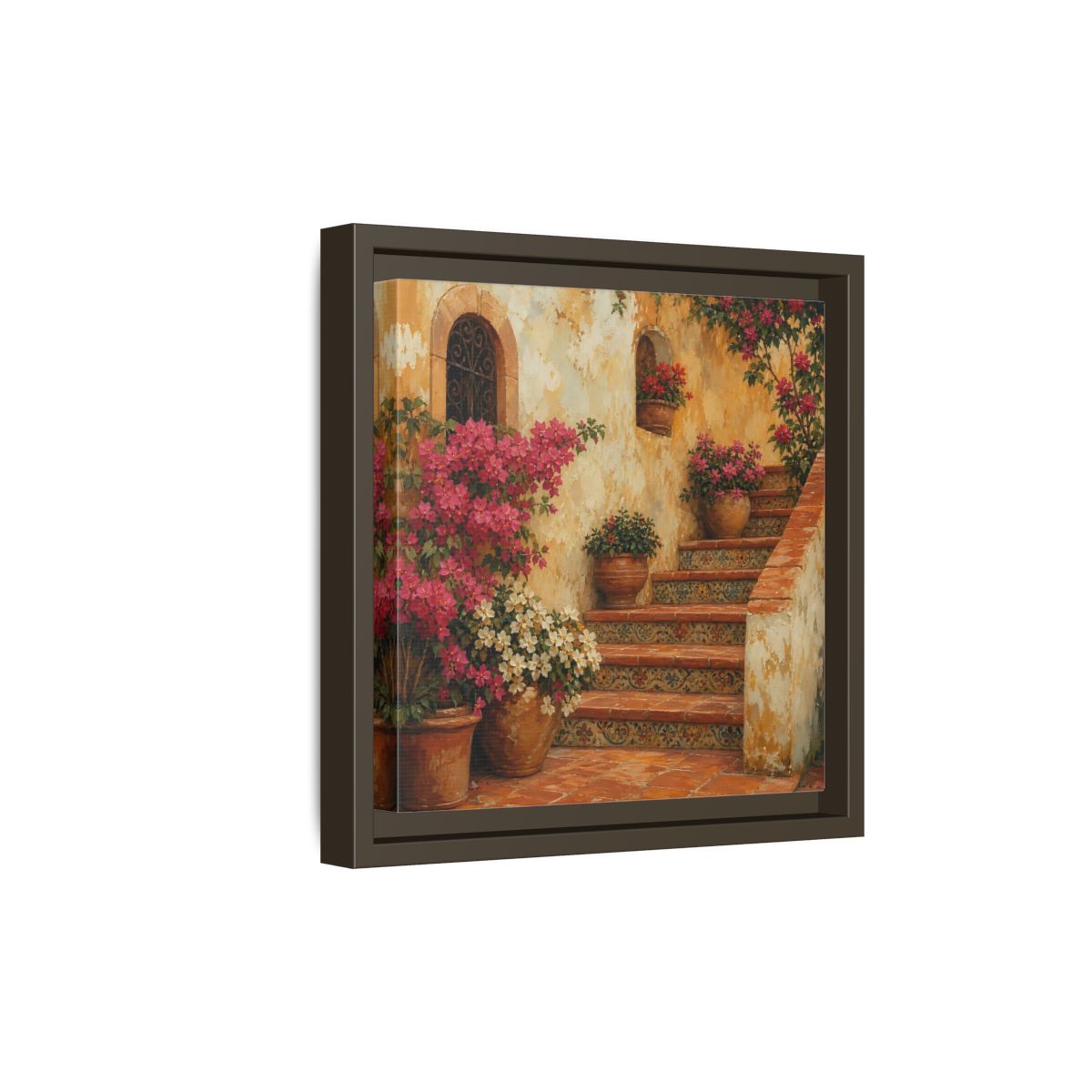 Side Mockup 20. Vintage Oil Painting Terracotta Stairway With Flowering Pots shown as stretched canvas wall art
